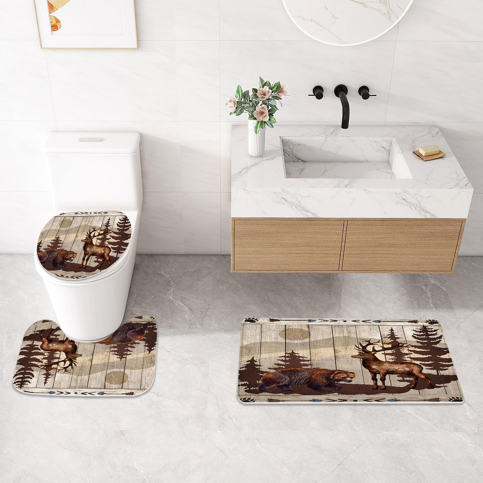 Litabel 4 Pcs Farmhouse Bear And Deer Shower Curtain Set With Non-Slip Rugs, Toilet Lid Cover And Bath Mat,Wooden Bathroom Decor