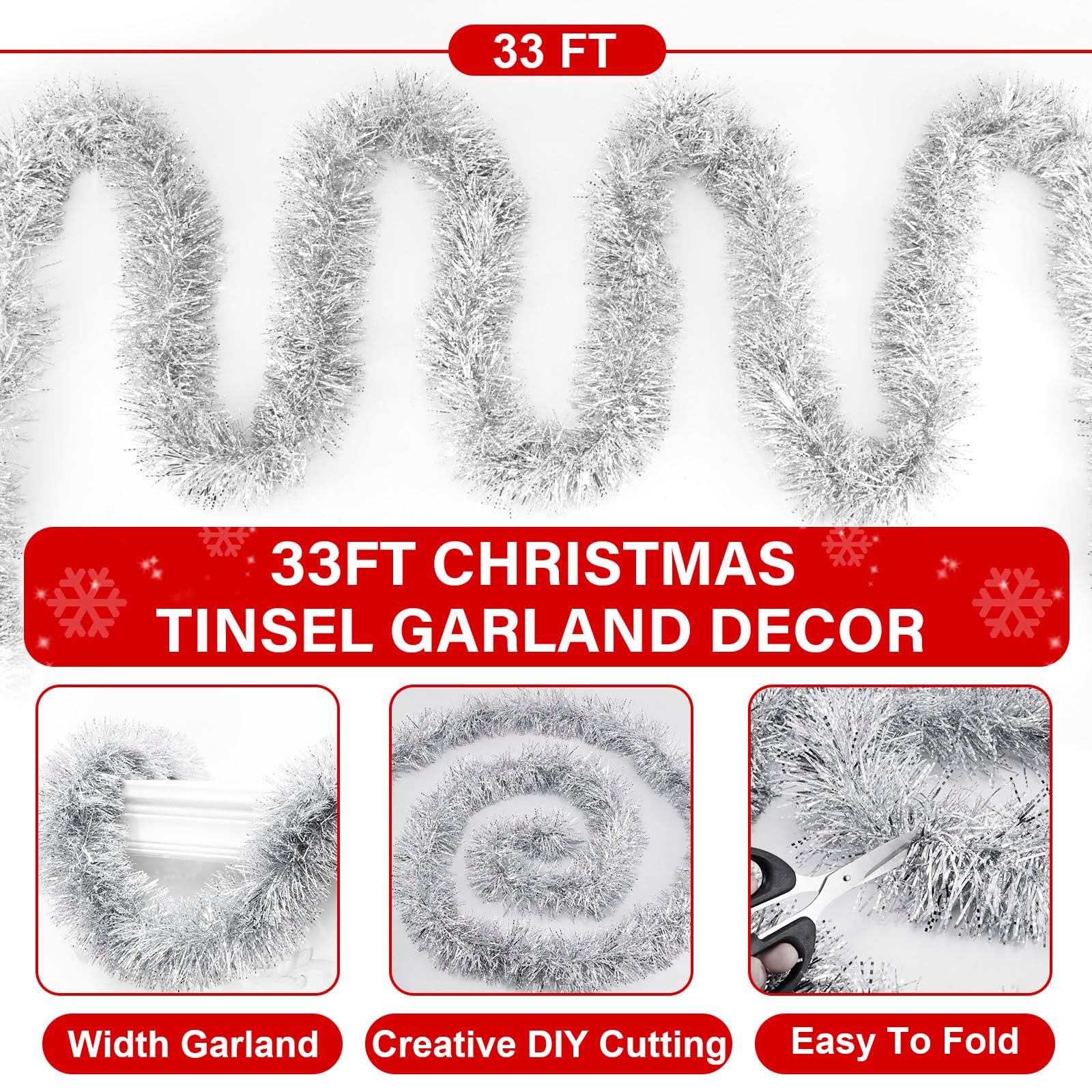 33Ft Christmas Garland Silver,Christmas Tinsel Garland Christmas Metallic Twist Garland Ceiling Hanging Christmas Garland For In