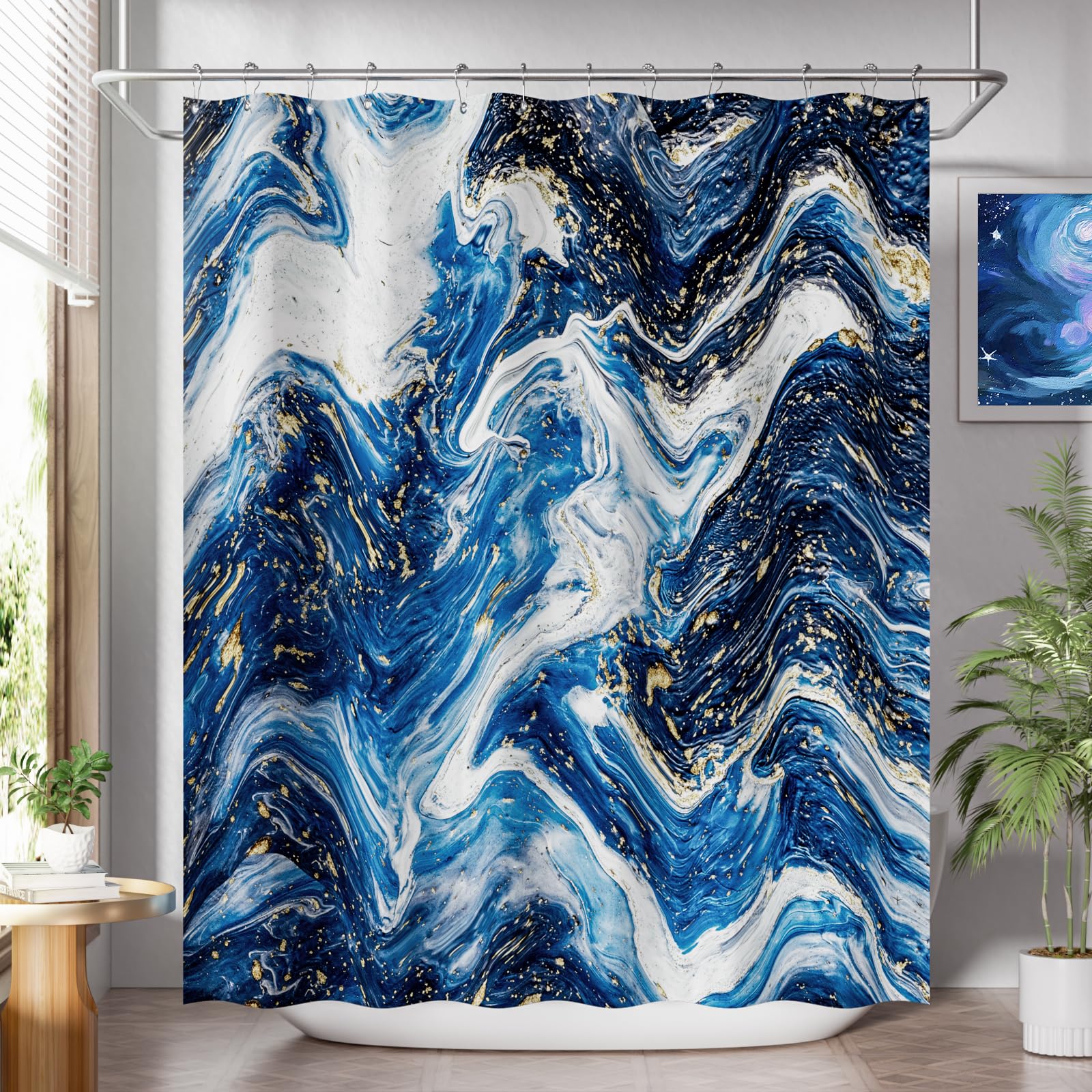 AmazerBath Shower Curtain Blue  Marble Fall Fabric Shower Curtain Sets with 12 Shower Curtain Hooks  Luxury Quality Home Hotel Washable Farmhouse Cloth Shower Curtains for Bathroom Decor  72x72 Inches