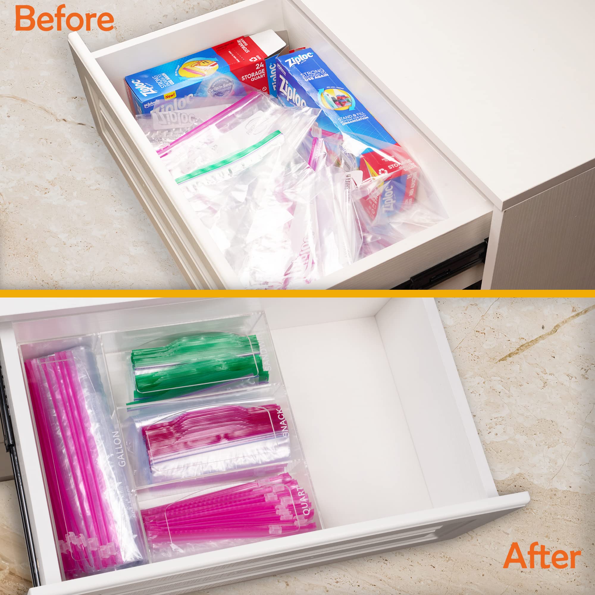 Aphbrada Acrylic Ziplock Bag Storage Organizer For Kitchen Drawer, Food Storage Bag Organizer Holders Compatible With Ziploc, Gl