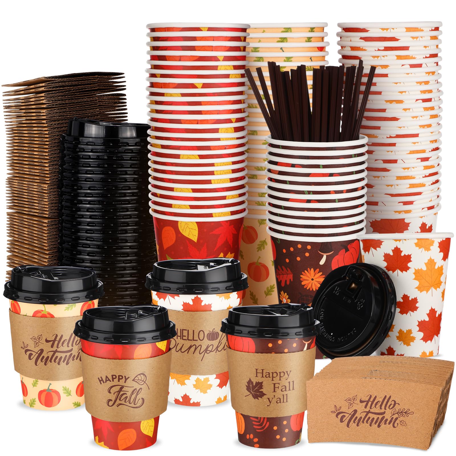 Jingmore 60 Pack 12 oz Fall Disposable Coffee Cups with Lids Sleeves Sticks Autumn Pumpkin Orange Fall Paper Coffee Cups for Dri