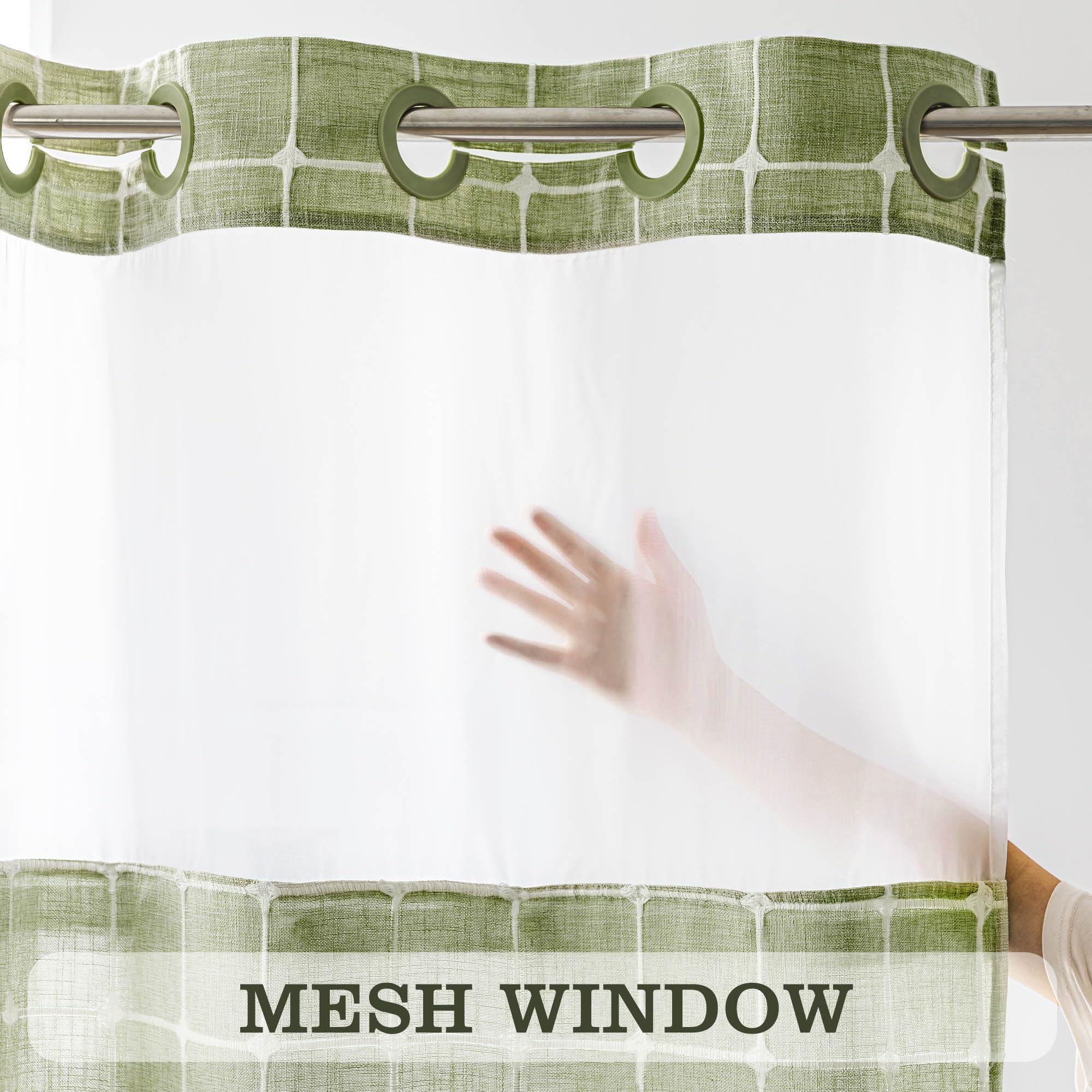 River Dream Sage Green Farmhouse Shower Curtain With Snap-In Liner, No Hooks Needed,With Window, With Magnets,With Tassels,Water