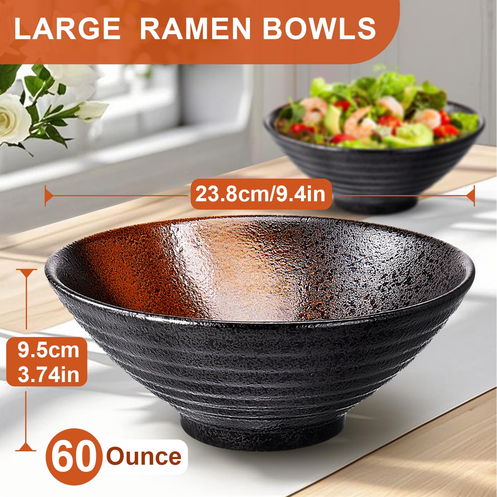 9.4Inch Ceramic Ramen Bowl Set of 4 (17 Piece) - Porcelain Japanese Salad Noodles Cereal Fruit Pasta Soup Large Bowls with Recip
