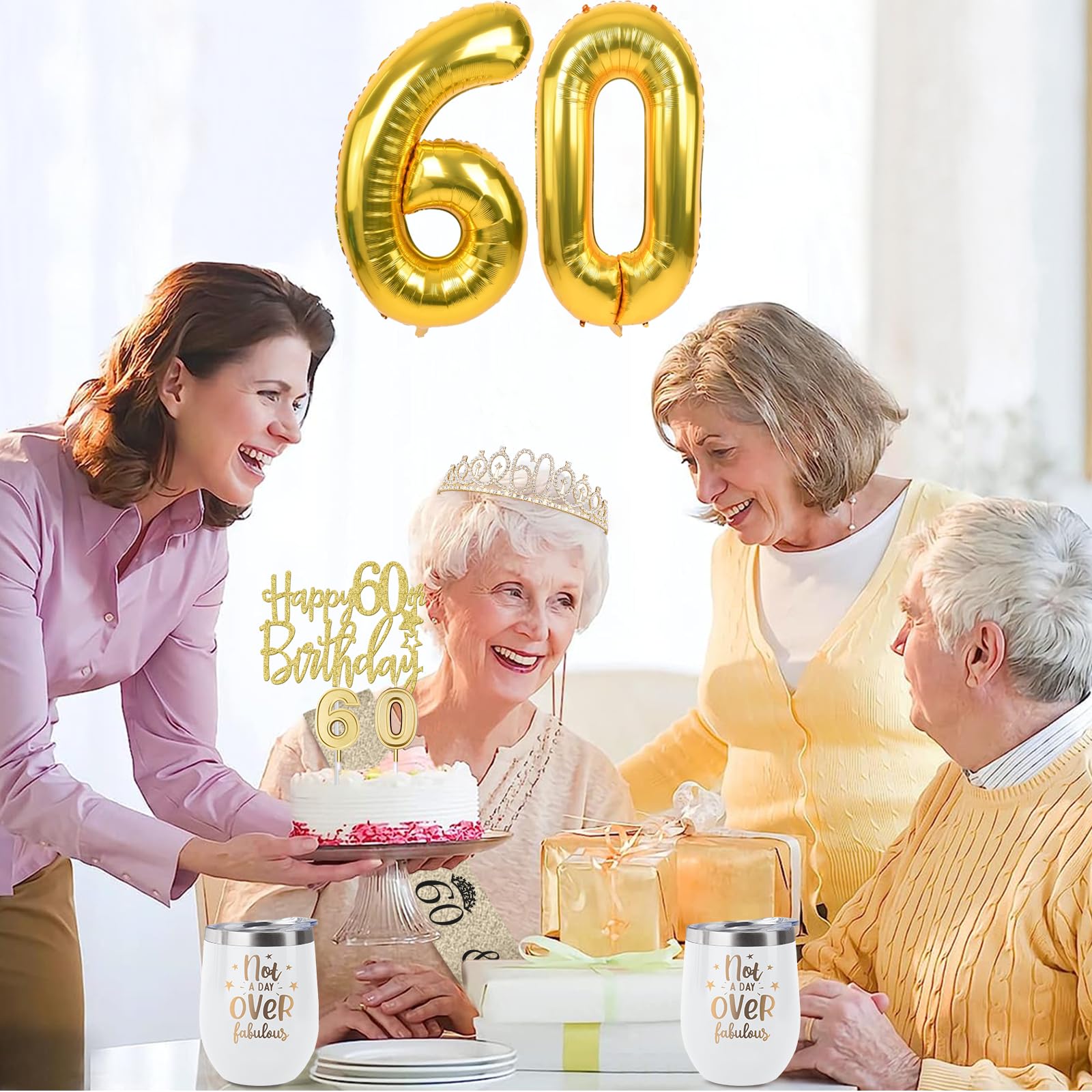 60Th Birthday Decorations For Women Gold With 60Th Birthday Sash And Tiara, 60Th Birthday Cake Topper And 60 Candles, Big Gold 6