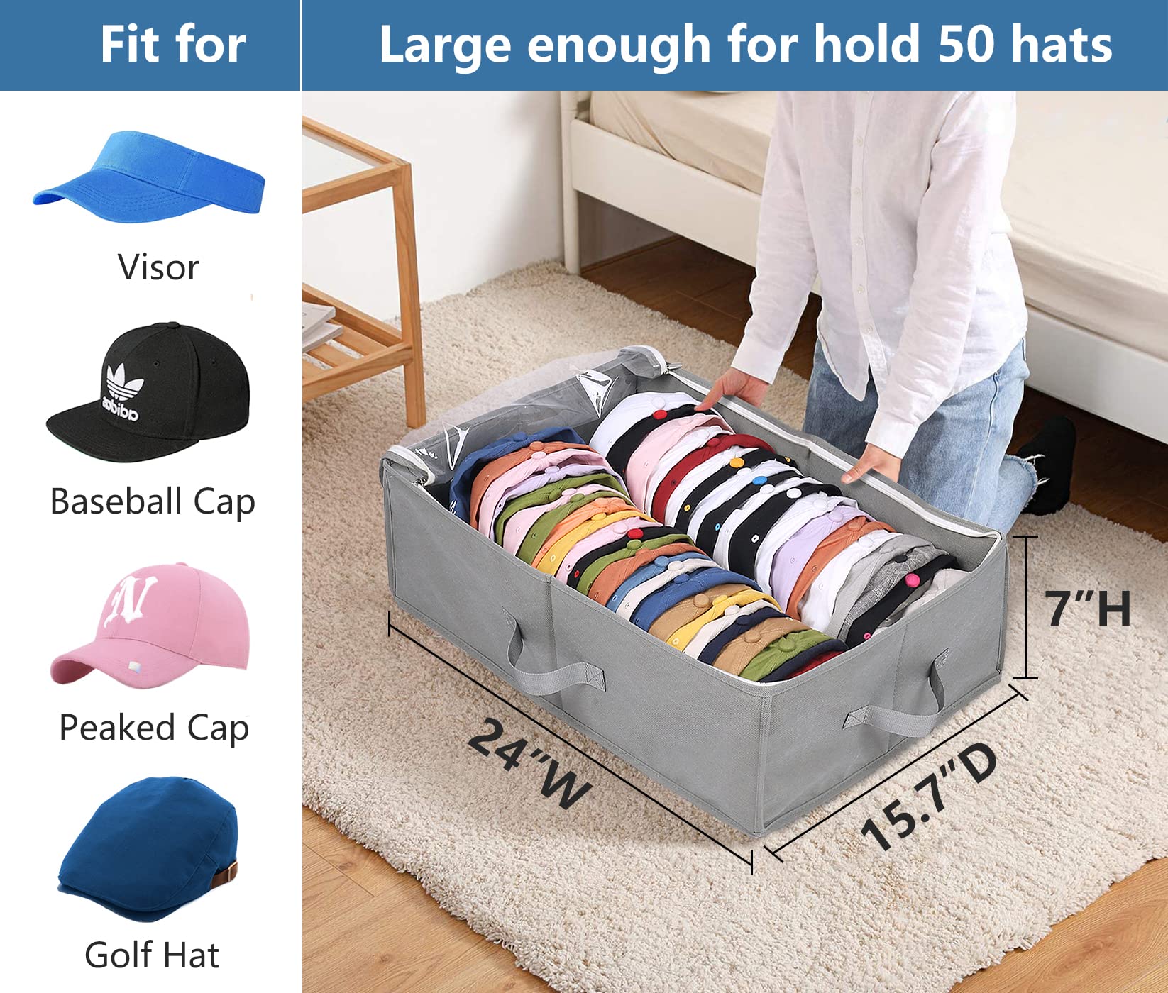 Aooda Large Hat Storage Box For Baseball Caps Organizer, Holds Up To 50 Caps Wide Hat Organizer For Closet With Cardboard, Under