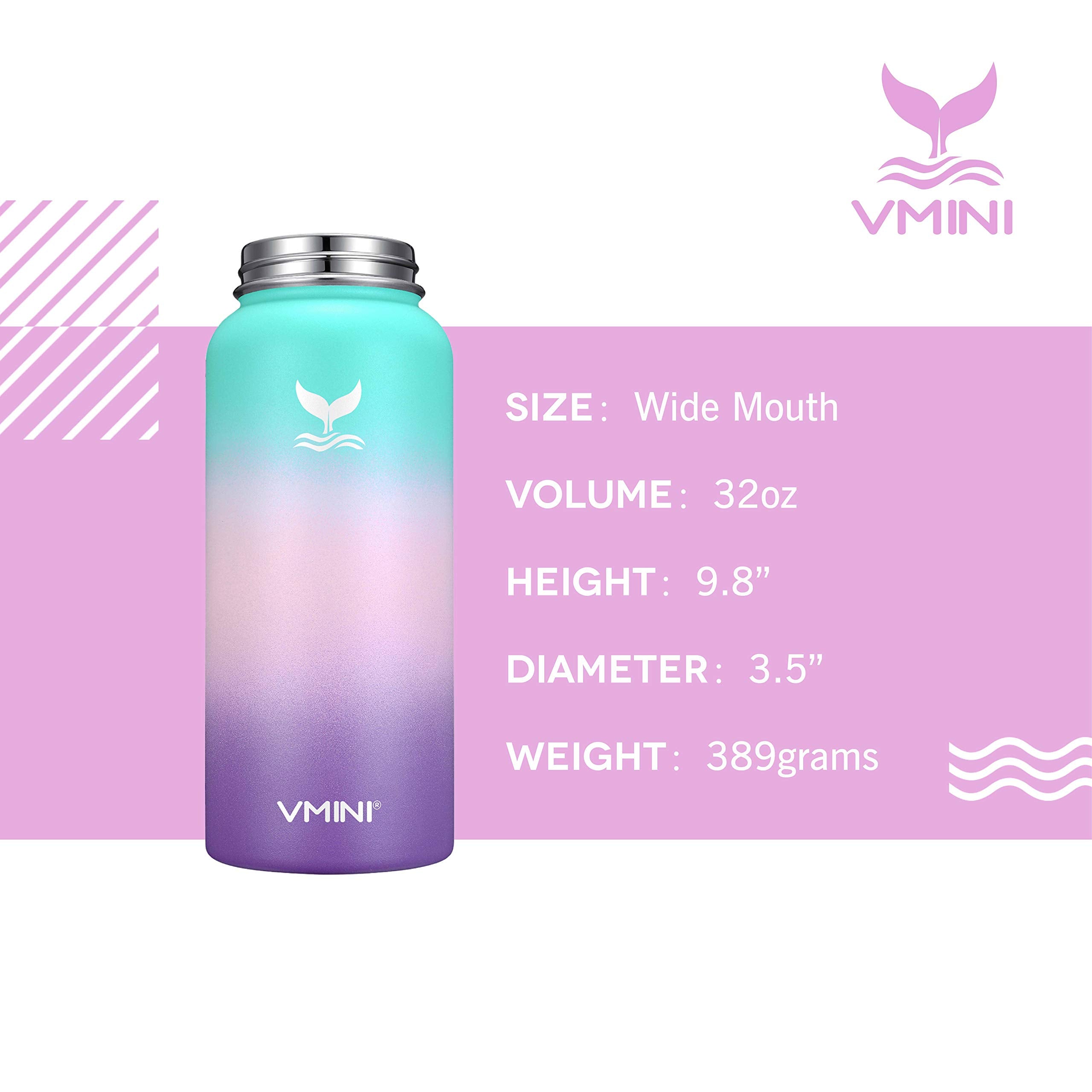 Vmini Water Bottle With New Wide Handle Straw Lid, Wide Mouth Vacuum Insulated 18/8 Stainless Steel, 32 Oz, Gradient Mint + Pink