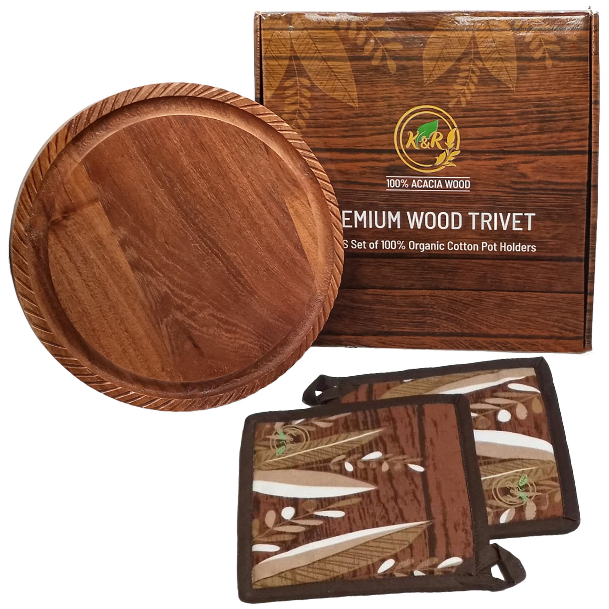 K & R Wood Trivet For Hot Pots And Pans | Natural Acacia Wood | Wood Trivet For Hot Dishes | Reversible Wood Cutting Board | Woo