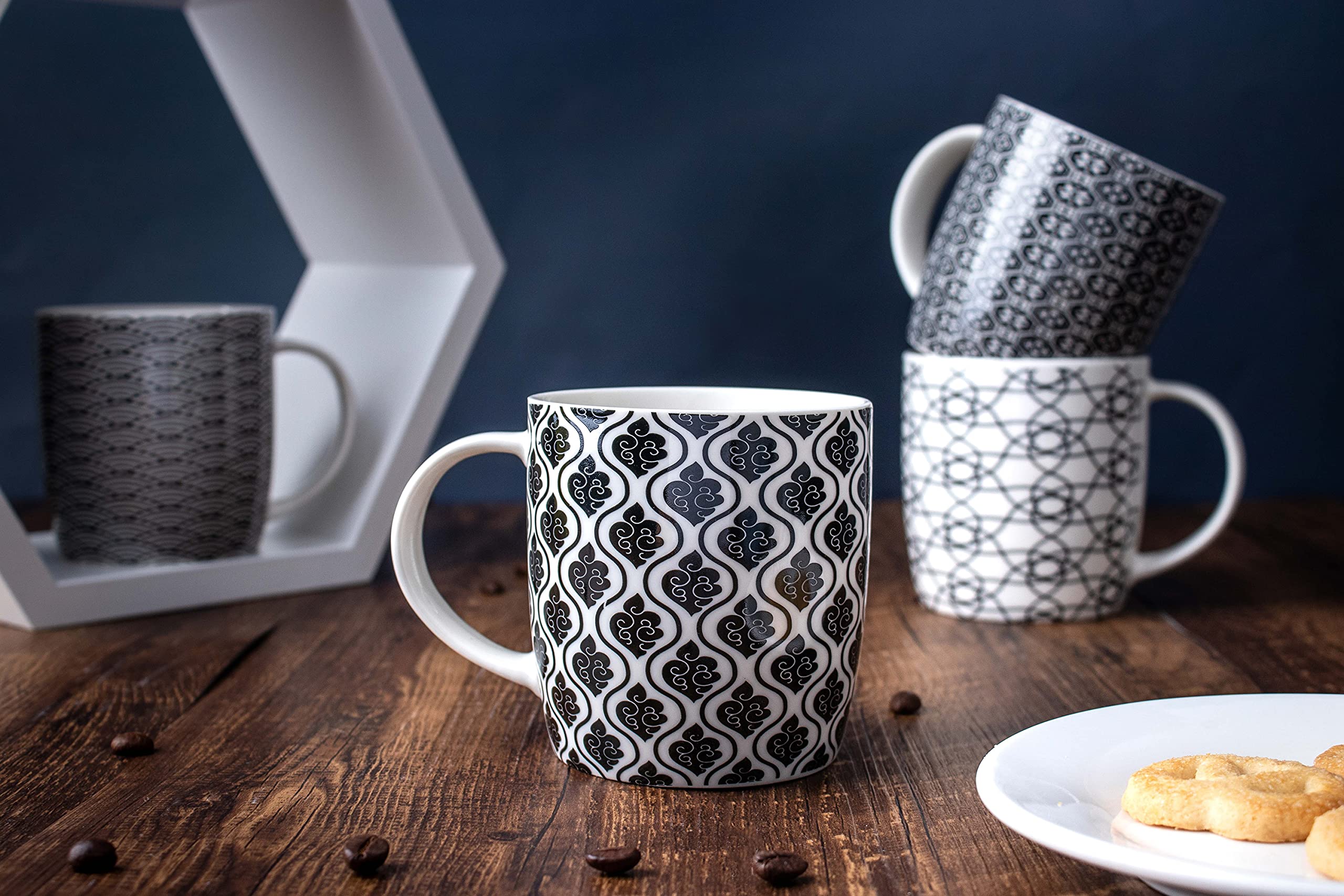 Machuma Set Of 6 11.5 Oz Coffee Mugs With Black And White Geometric Patterns, Ceramic Tea Cup Set
