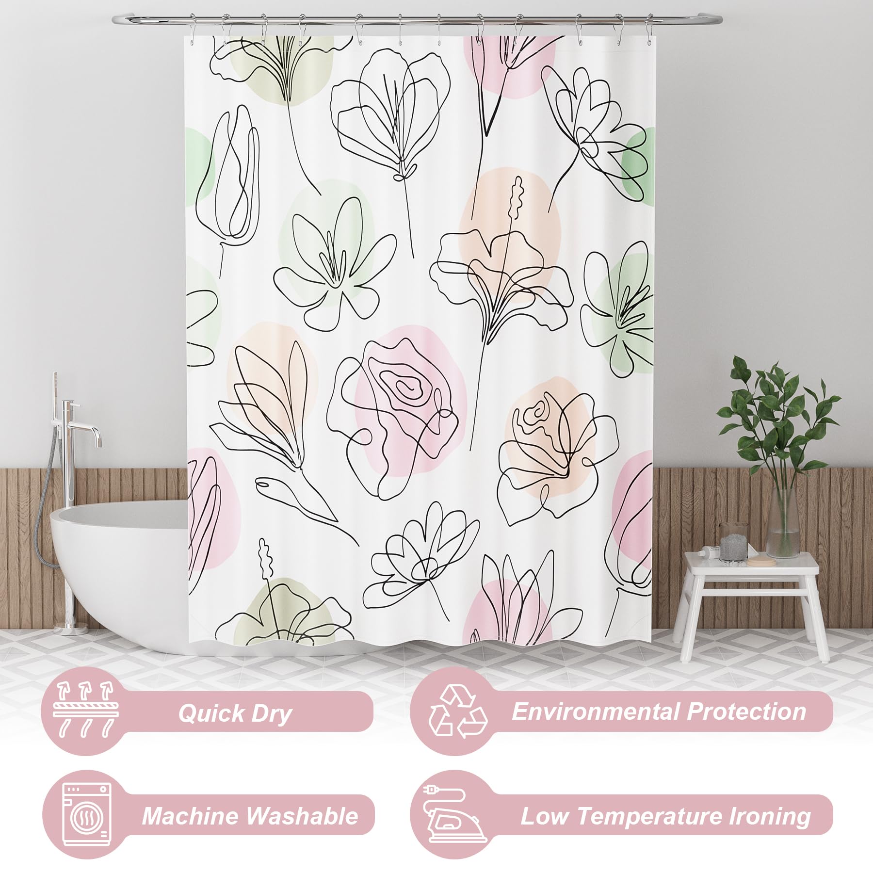 Amazerbath Floral Shower Curtain, 72''X72'' Washable Cloth Spring Black Ink Blooms Shower Curtain With 12 Metal Hooks, Farmhouse