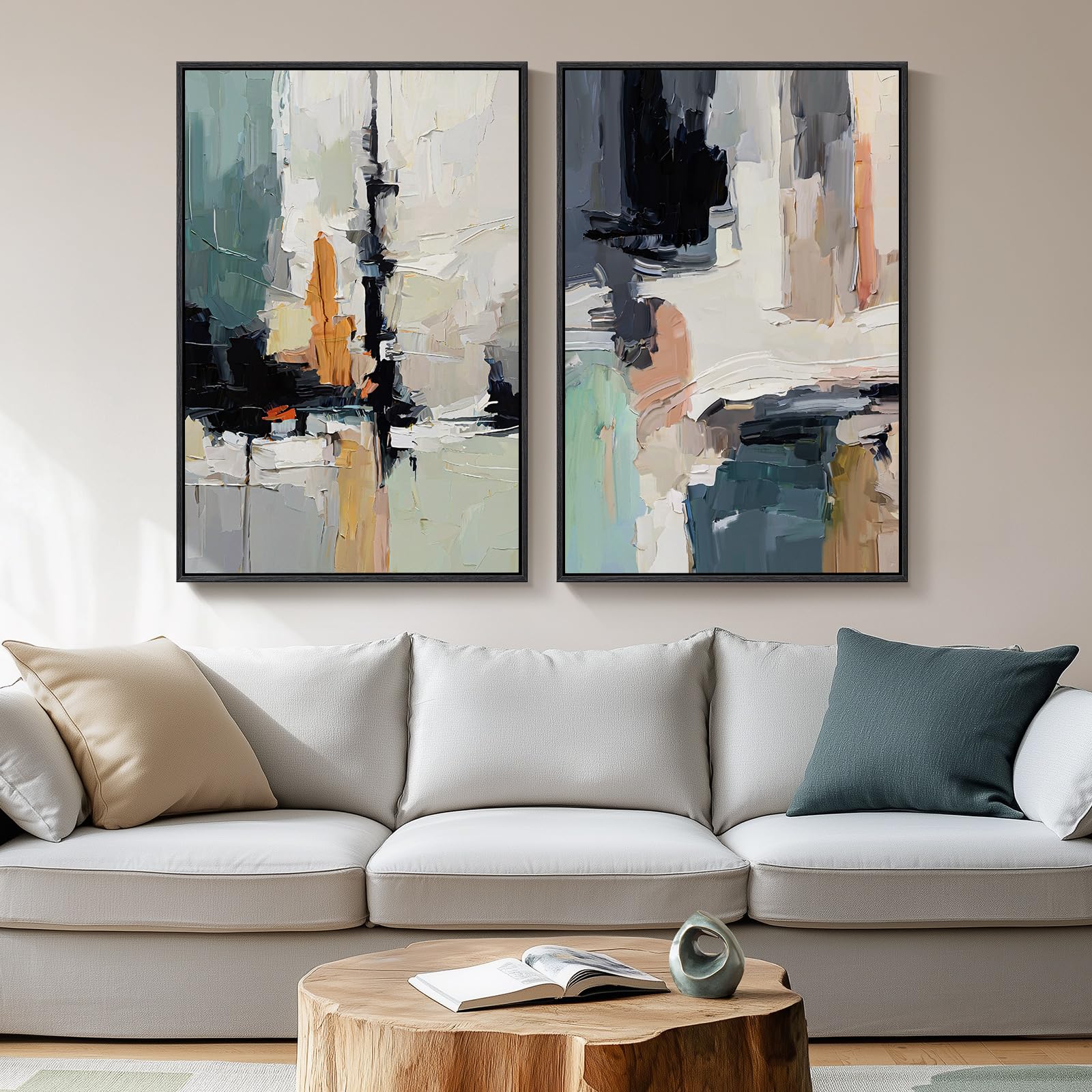 Framed Abstract Blue And Gray Black Wall Art For Living Room Orange Fall Artwork For Walls Natural Canvas Modern Painting Prints