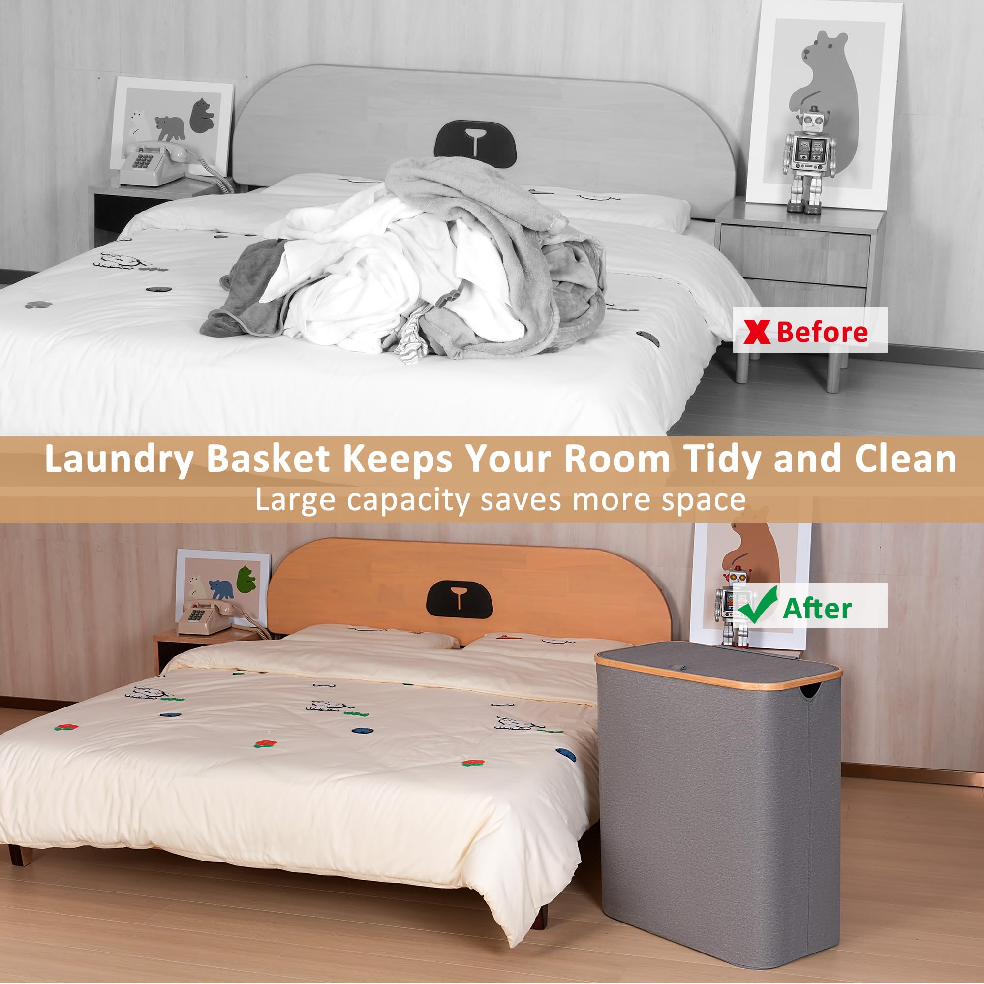 iEGrow 150L Laundry Hamper with Lid-Large Laundry Basket with Bamboo Handles  Grey Hampers for Laundry  Dirty Clothes Hamper with 2 Removable Inner Bags for Clothes Toys Towels