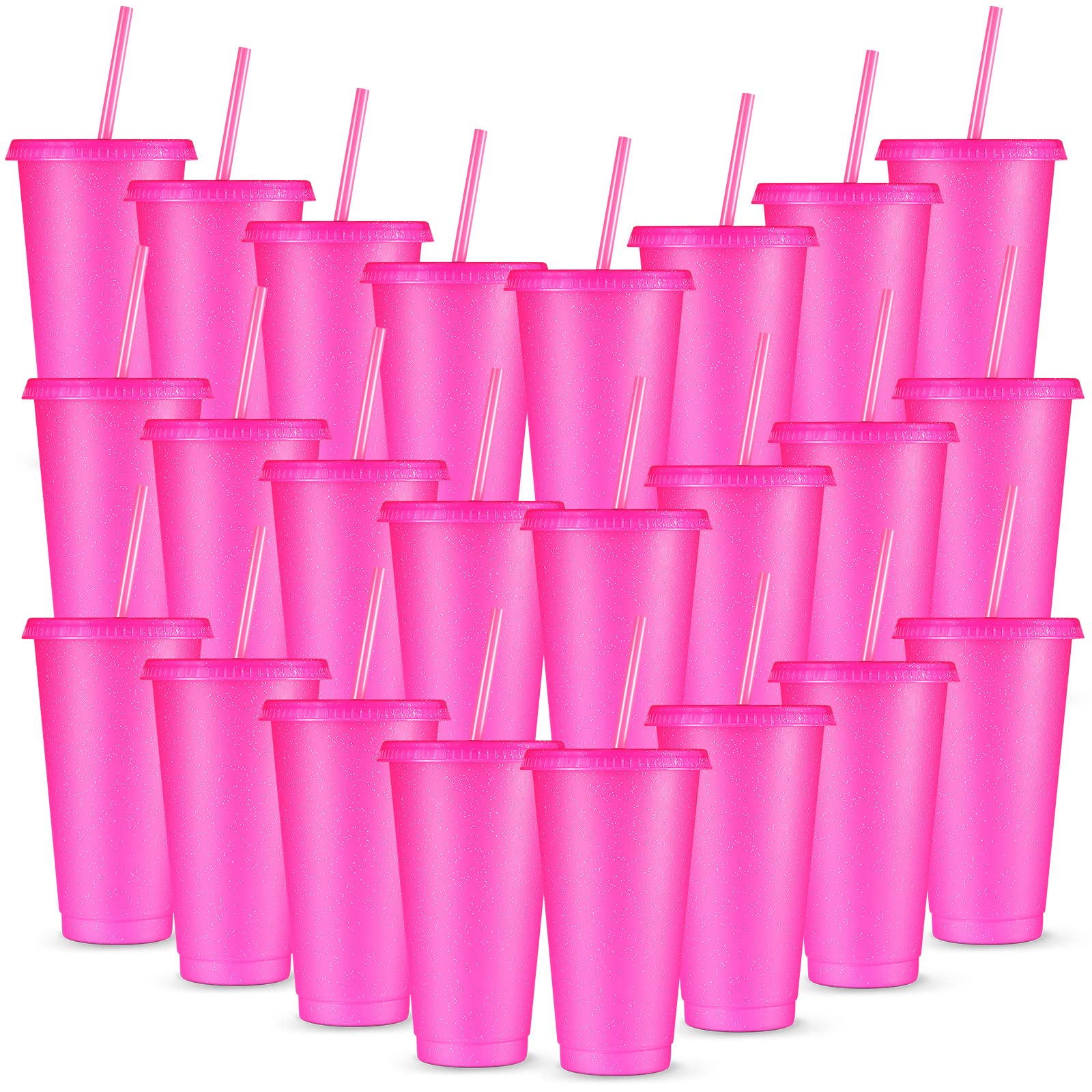 Amyhill 24 Pcs Reusable Cups with Lids and Straws 24 oz Glitter Iced Coffee Tumbler Plastic Travel Mug Cup for Smoothie Juices B