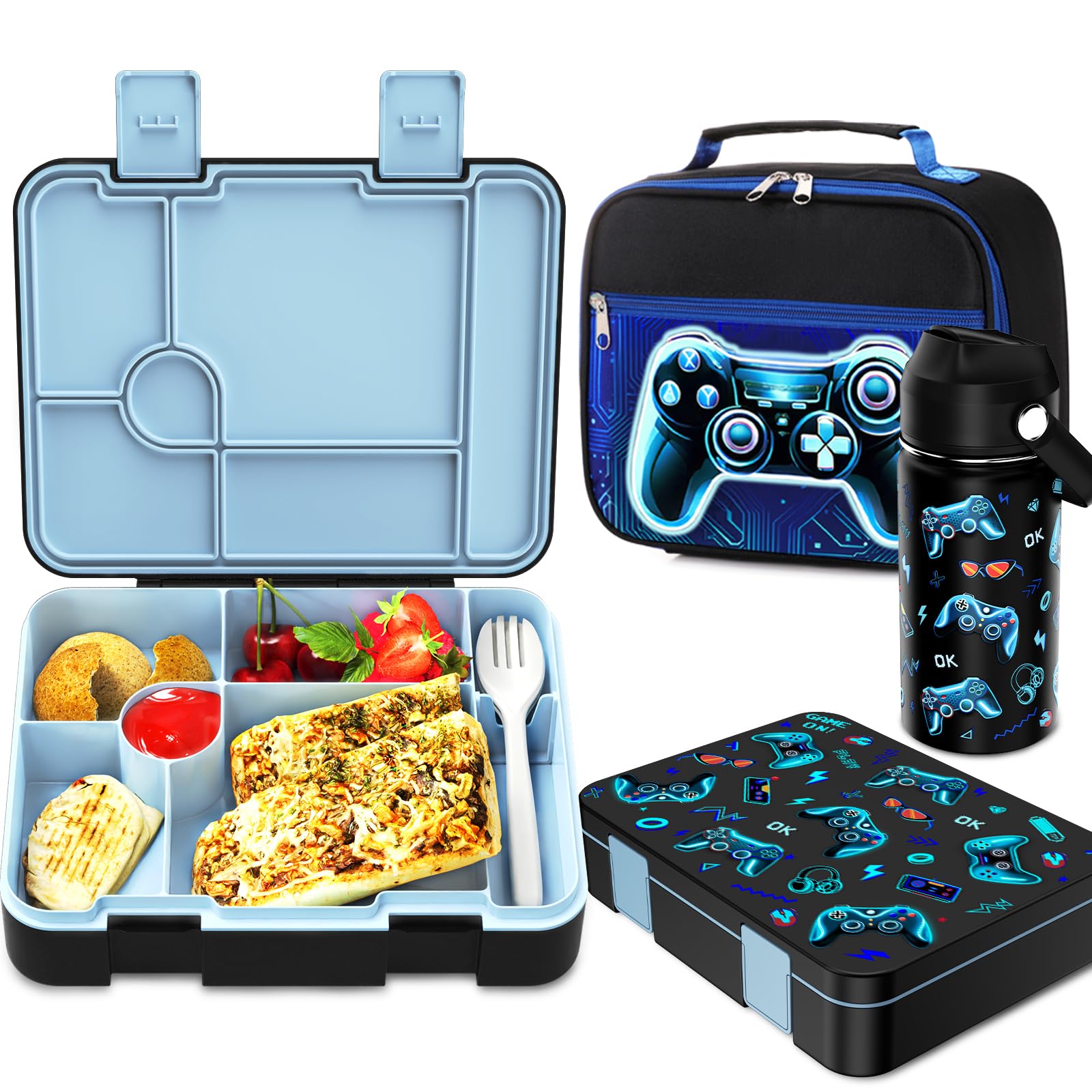 Bevalsa Kids Bento Lunch Box With 6 Compartment, Stainless Steel Metal Water Bottle, Insulated Bag, Ice Pack & Utensils, Bpa-Fre