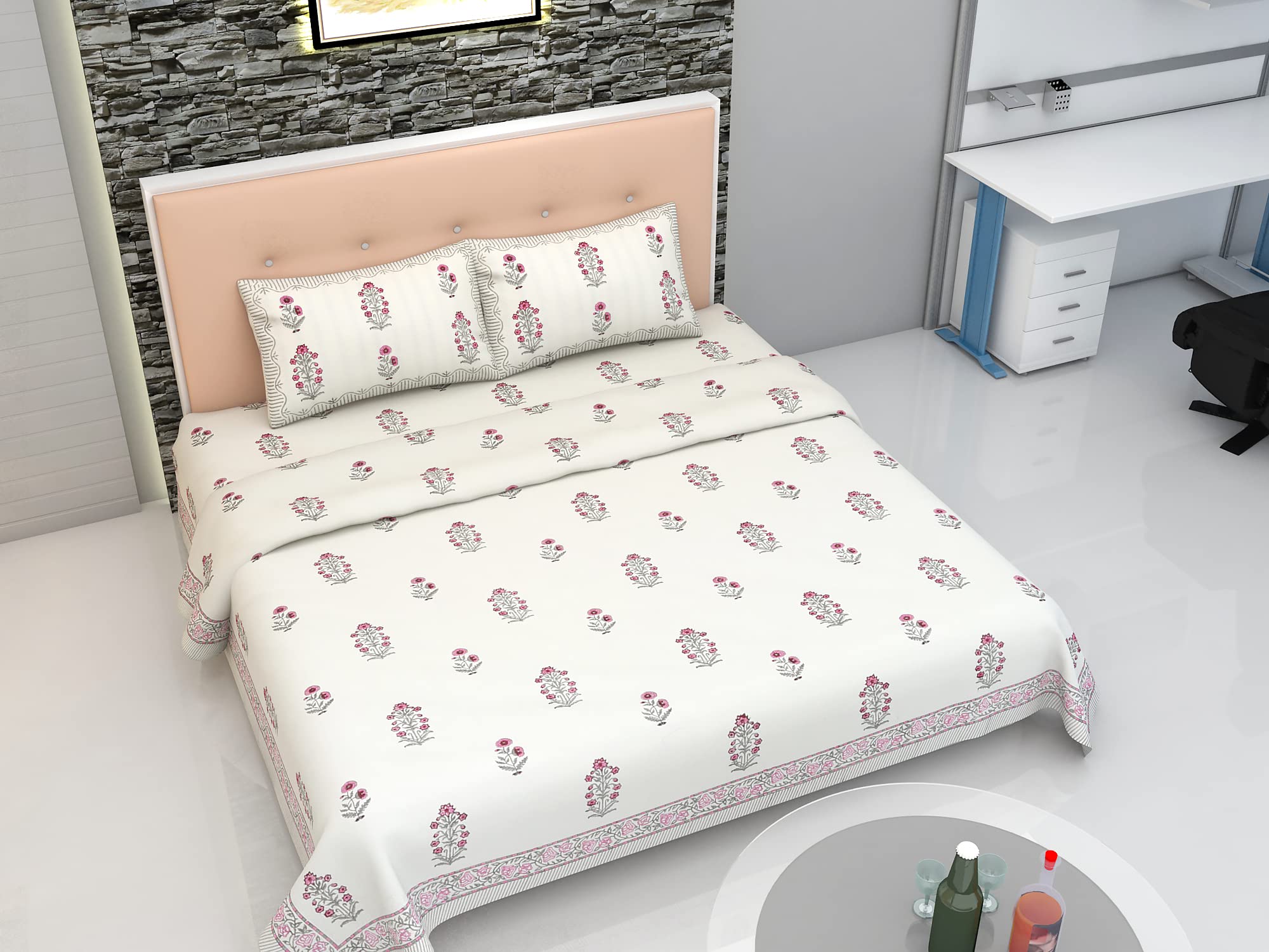 Jaipur Dohar Hand Block Printed Cotton Double Bed Bedding Set (1 Bedsheet With 2 Pillowcases) (Pink Grey Plant)