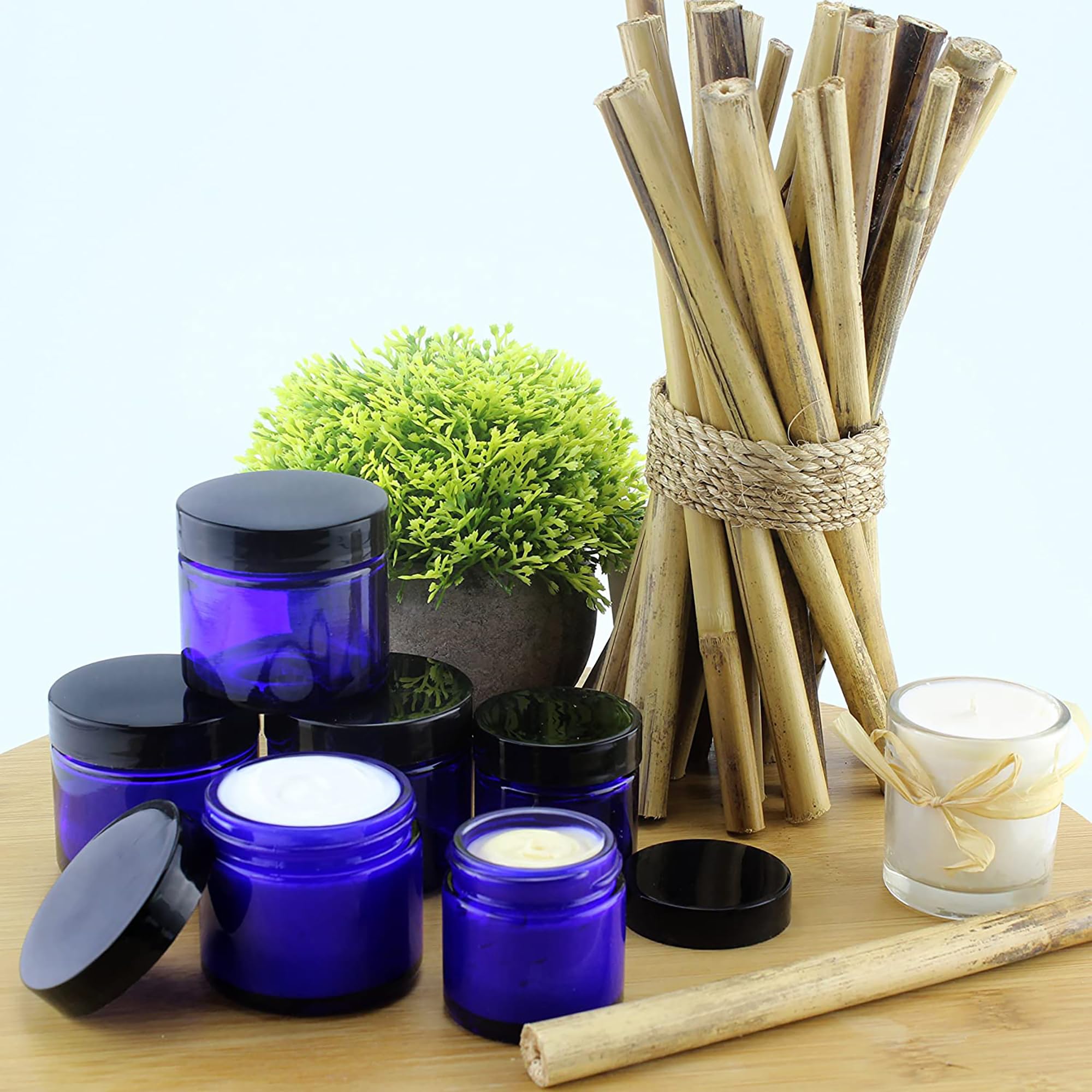 Combination 12 Pack of Cobalt Blue 1oz & 2oz Glass Straight Sided Jars  Lids Included; Empty Refillable Containers for Cosmetics  Creams  Lotions