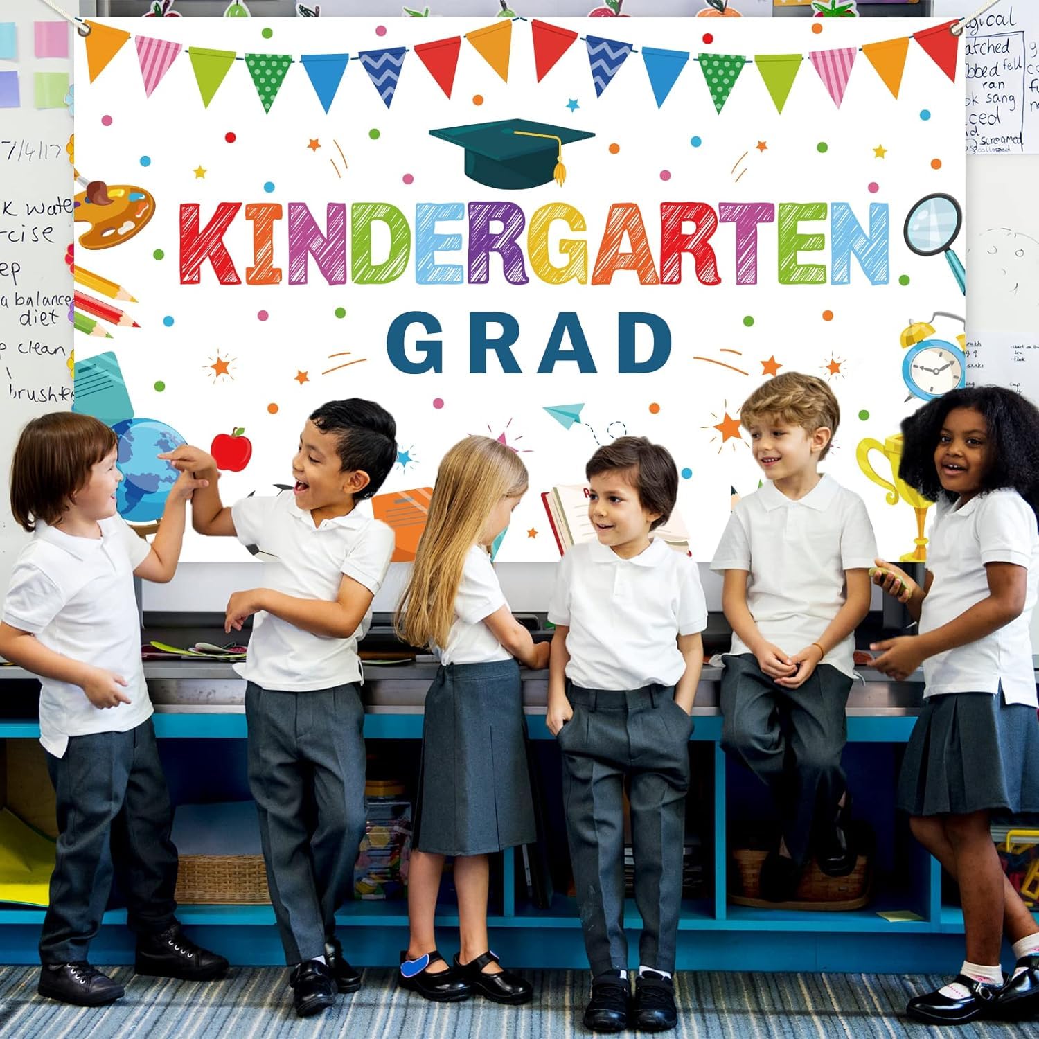 Kindergarten Graduation Party Decorations Backdrop Preschool Graduate Banner for Kids Pre-K Congrats Grad Background Class of 2023 Ceremony Supplies Grad School Prom Party Favors (White)