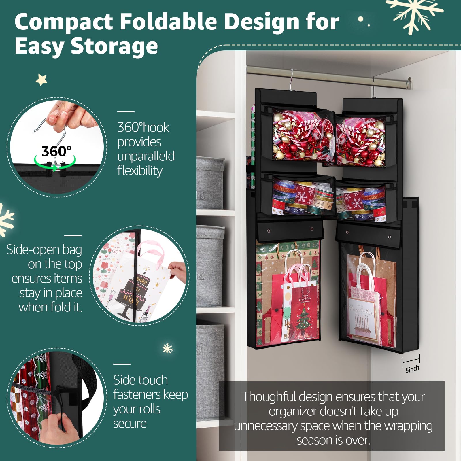 Wrapping Paper Organizer Storage, Double-Sided Hanging Gift Wrap Roll Holder For Christmas, 63''X13'' Over Door Present Bag Cont