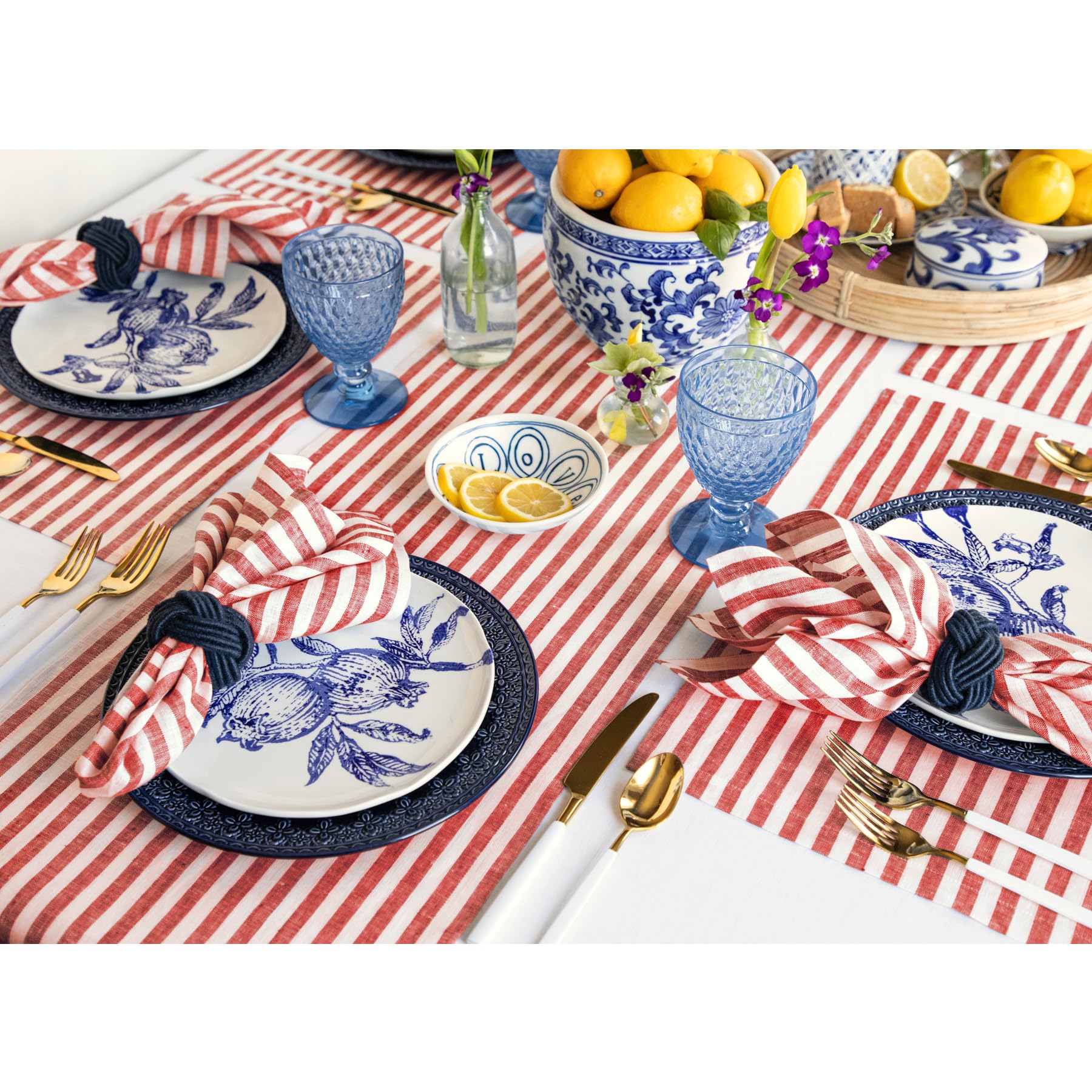 Solino Home Stripe Linen Table Runner 36 Inches - 100% Pure Linen 14 X 36 Inch Table Runner, Red And White Amalfi Stripe - Small