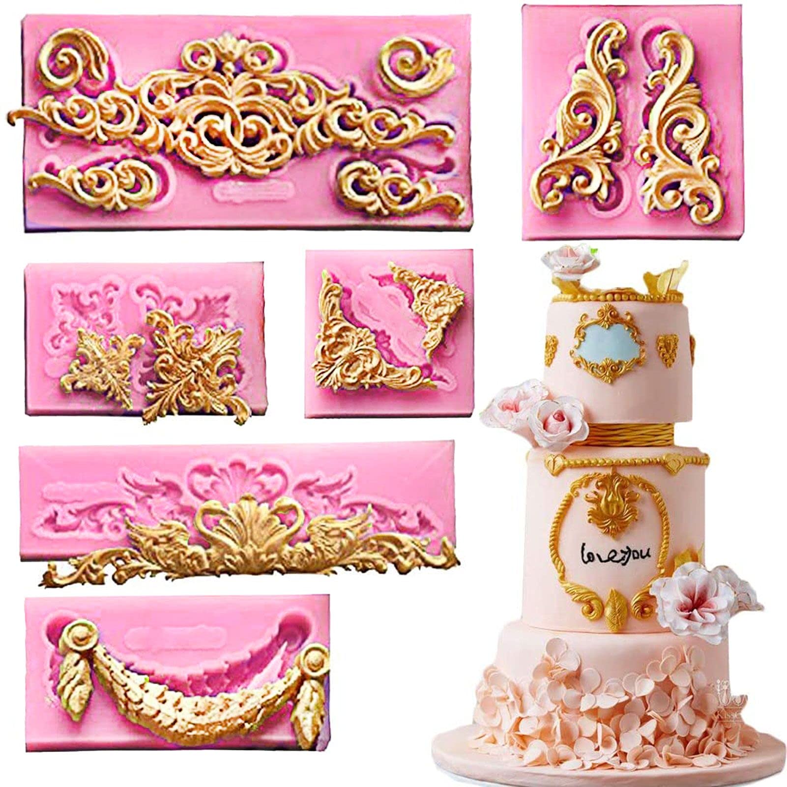 (Set Of 6) Baroque Fondant Molds For Cake Decorating Curlicues Scroll Lace Border Candy Silicone Mold For Sugarcraft, Cupcake To