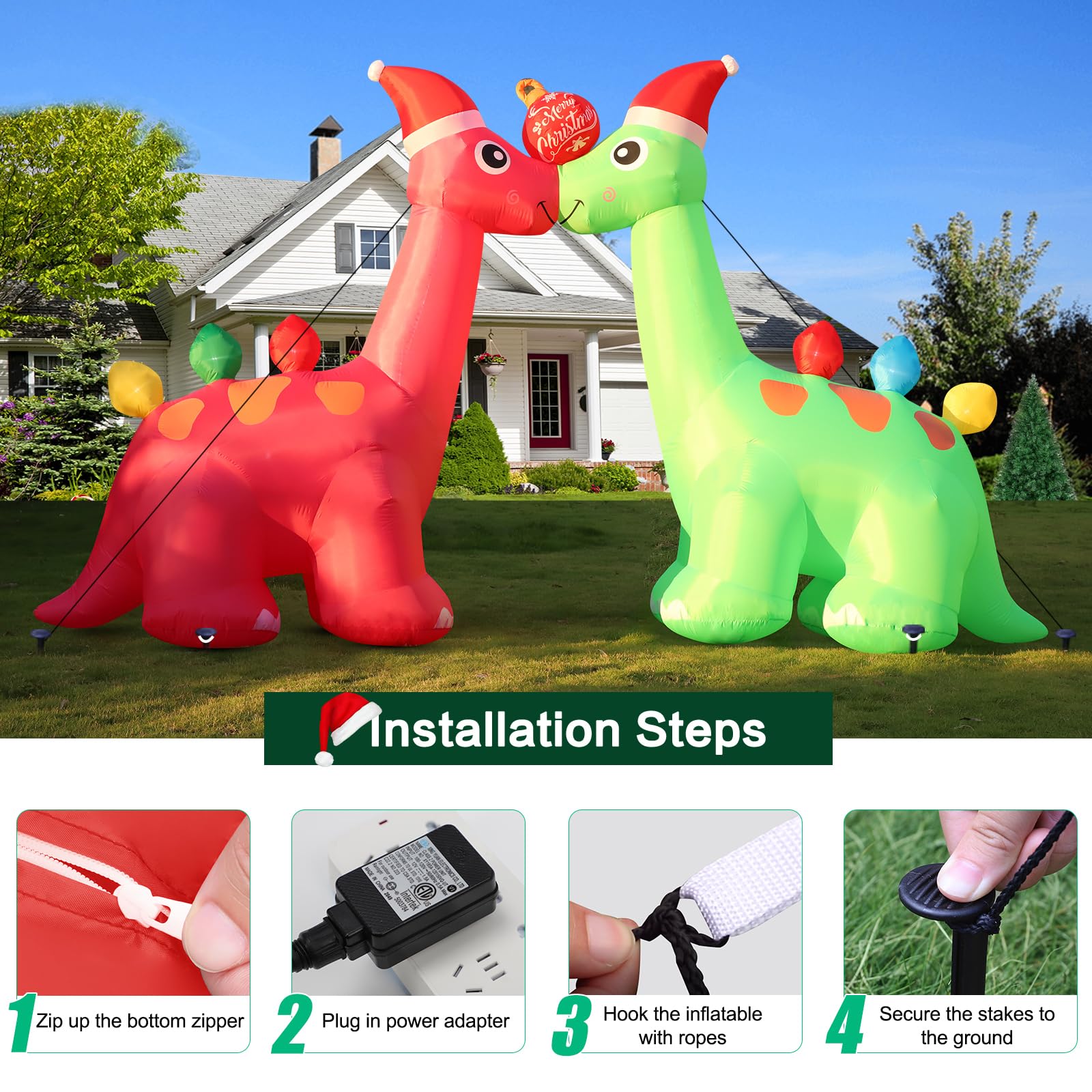 FunFanso 14 FT Long Christmas Inflatable Decoration Two Dinosaurs Archway with Xmas Ball, Giant Blow up Dinosaurs with Powerful