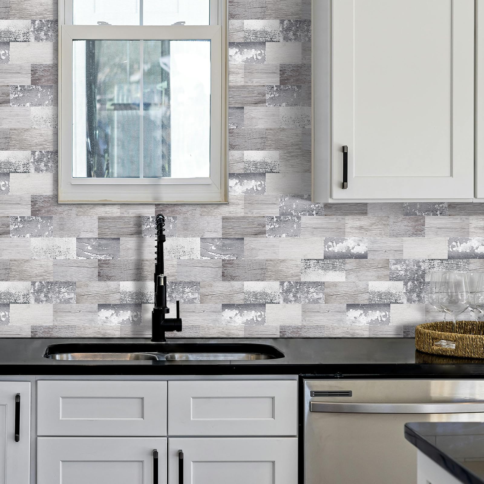 DEWOO Peel and Stick Tile Backsplash 11.4''X13.5'' PVC Wall Tiles  Stick on Backsplash for Kitchen  Bathroom Tile  Fireplace D?cor  Laundry Table  Stair Decals in Light Rustic Wood Look (10-Pack)