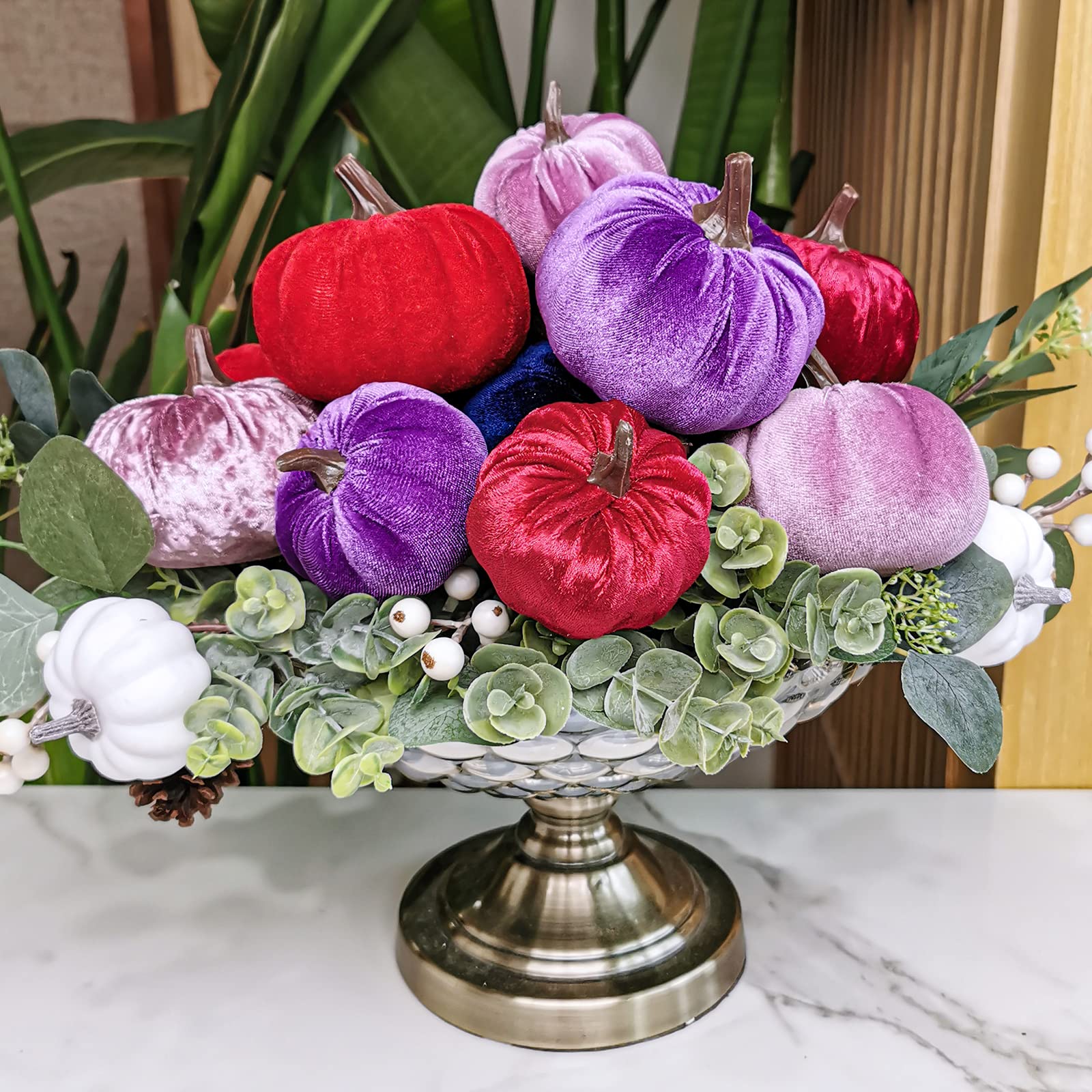 16 Pcs Assorted Small Faux Velvet Pumpkins Decorative Burgundy Red Purple Lilac Navy Blue Fabric Foam Pumpkins for Farmhouse Fal