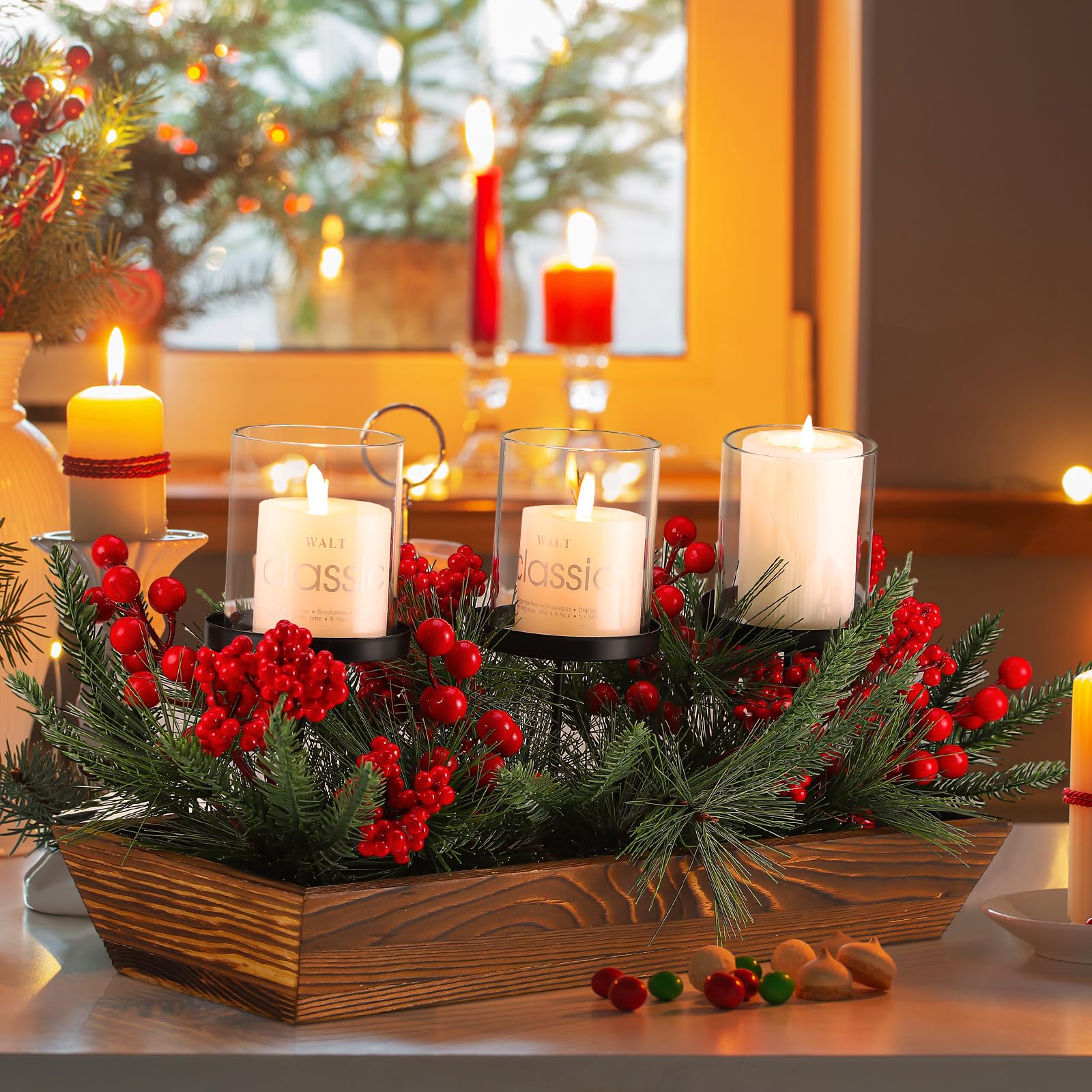 Suttmin 3 Pillar Christmas Table Centerpiece Christmas Candle Holder Artificial Red Berries Pine Cones with Steal Base Frosted B