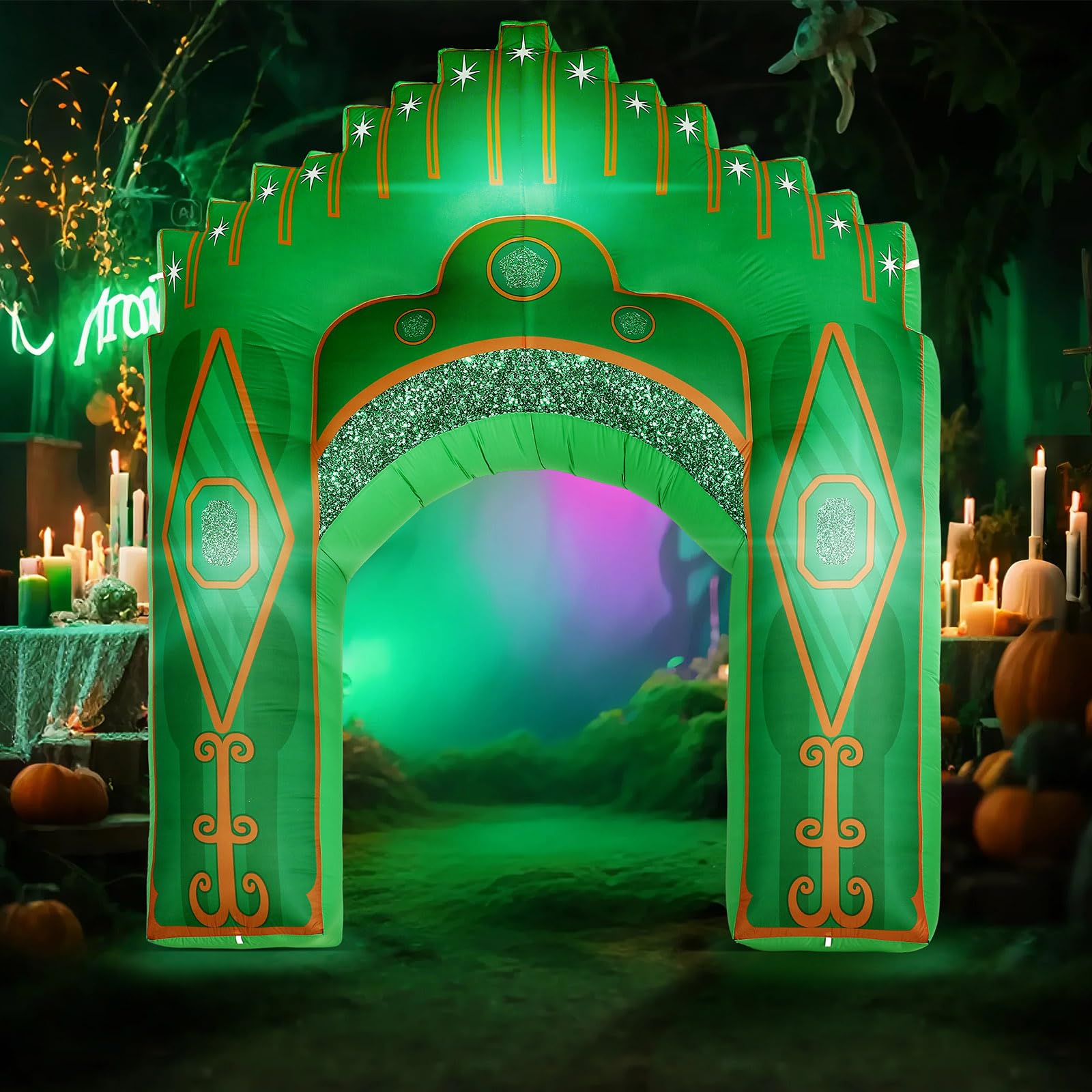 Preboun 10ft Inflatable Green Castle Emerald Green Castle Inflatables Arch Blow up Archway Built in LED Lights for Wizard Birthd