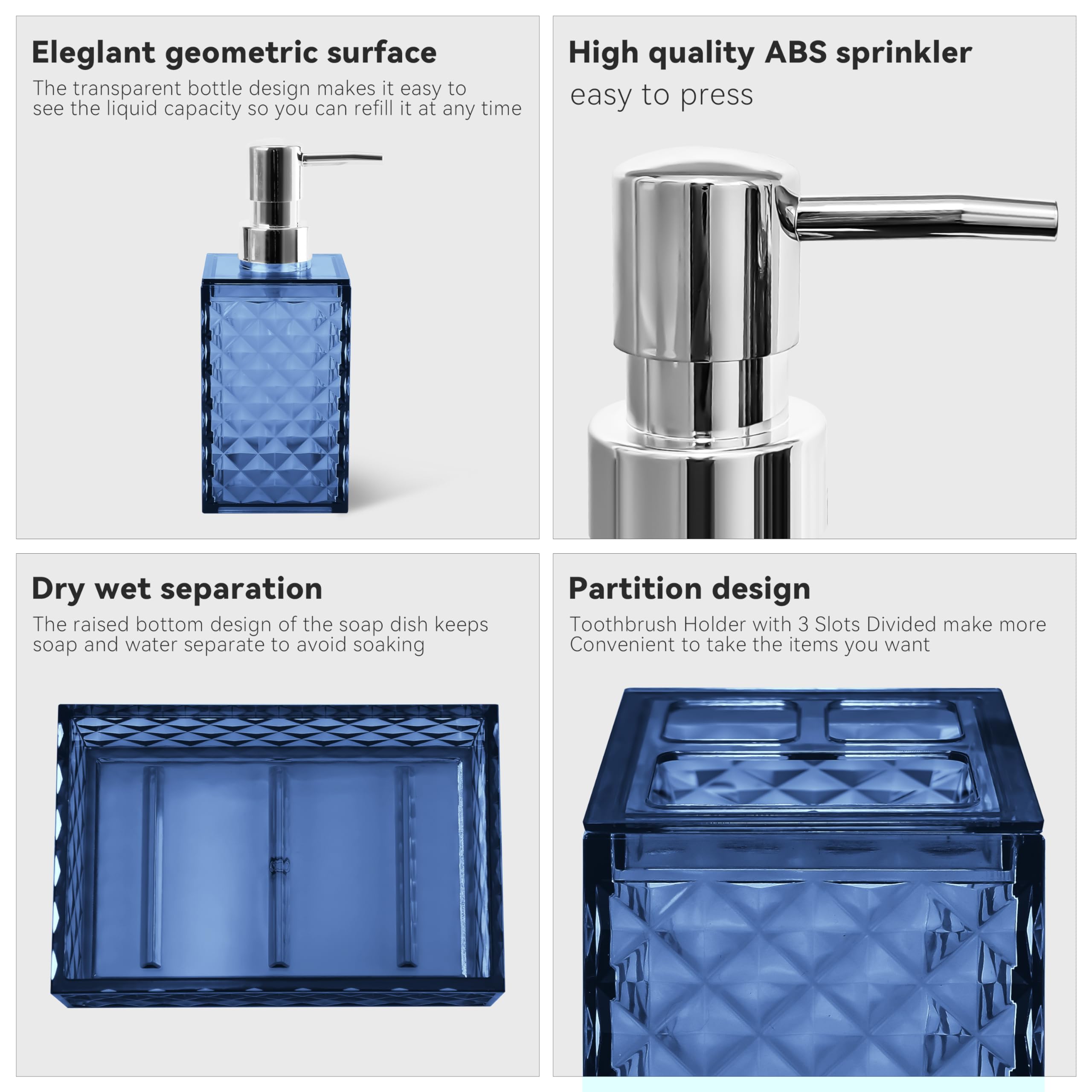 Seeatoo Bathroom Accessory Set, 4 Pcs Blue Bathroom Accessories Sets, Soap Dispenser And Toothbrush Holder Set, Soap Dish And Mo