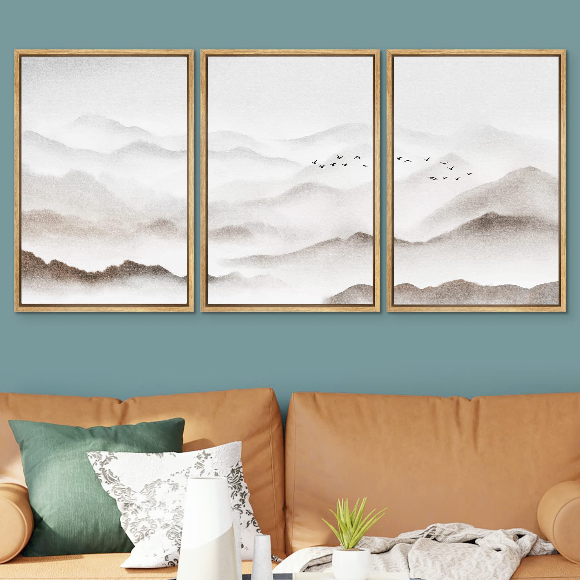 Signwin Framed Canvas Print Wall Art Set Foggy Watercolor Mountain Range Sky Nature Wilderness Illustrations Modern Art Decorati