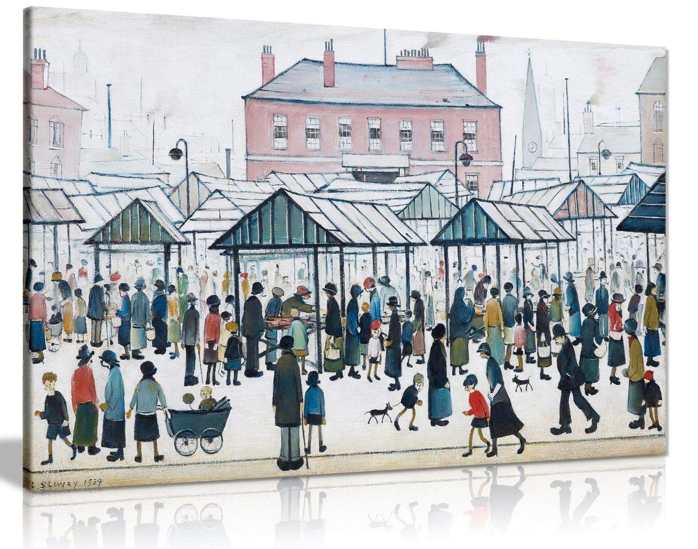 L.S Lowry Market Scene, Northern Town Painting Canvas Print Wall Art Picture Home Decor (36X24In)
