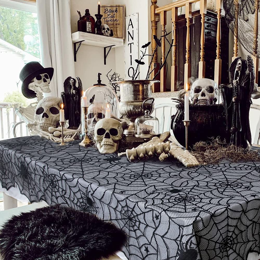 Luoluohouse Black Lace Tablecloth 54X72 Inch Halloween Tablecloths Spider Cobweb Table Cover For Masquerade Dinner Party Scary M