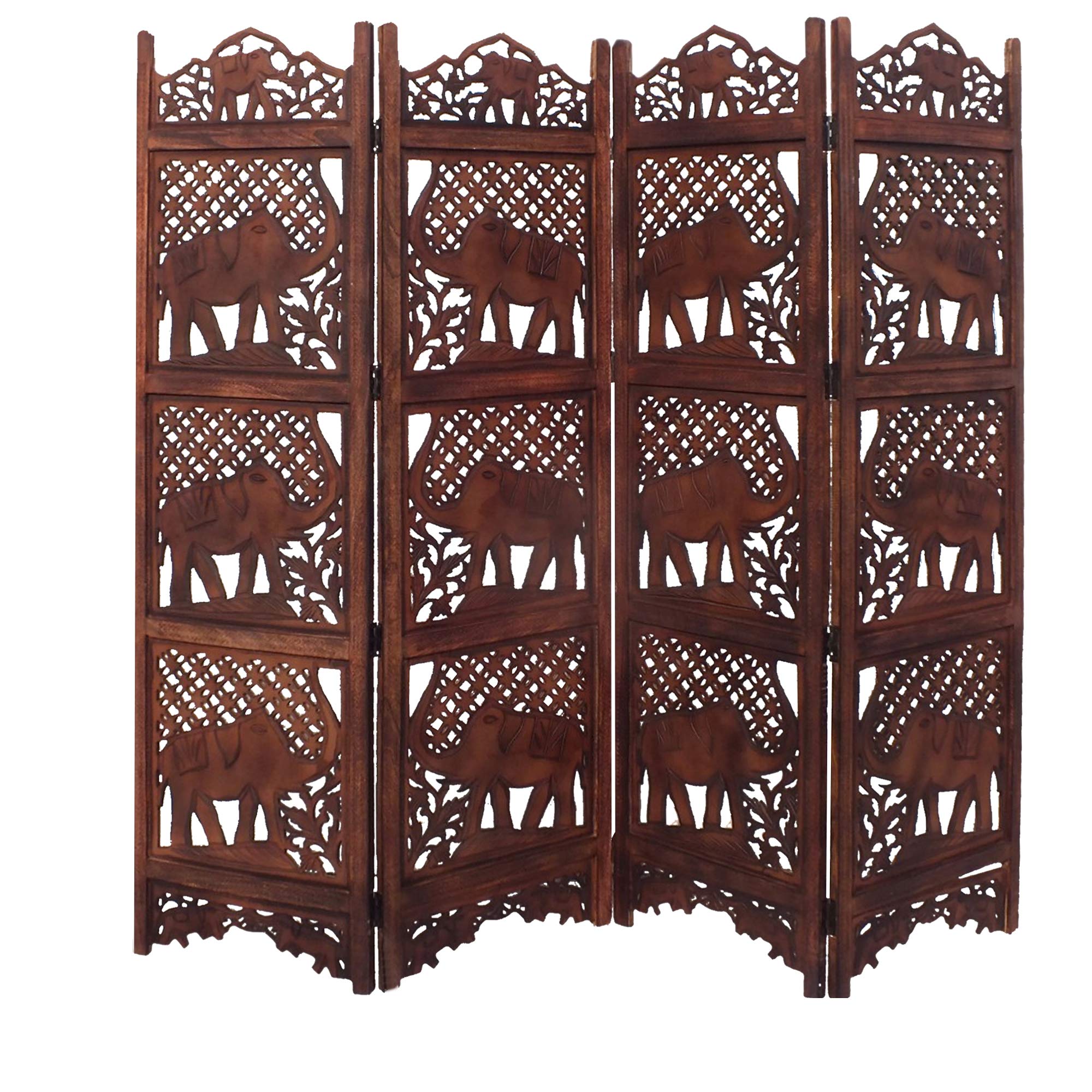 Benzara BM34823 Hand Carved Elephant Design Foldable 4-Panel Wooden Partition Screen/Room Divider, Brown