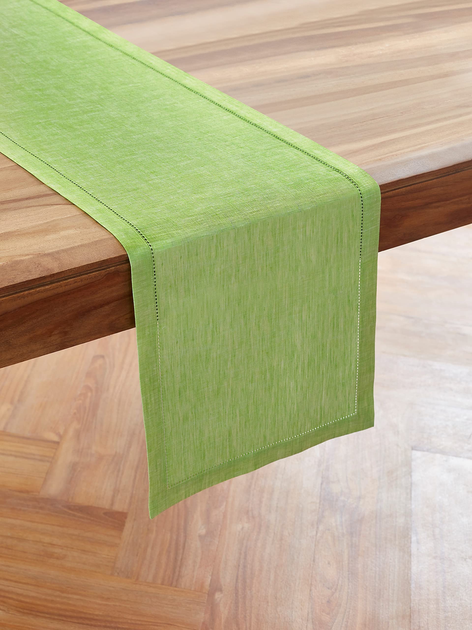 Solino Home Linen Hemstitch Table Runner - 14 X 72 Inch Chambray Lime Green - 100% Pure Linen Table Runner For Spring, Summer, D