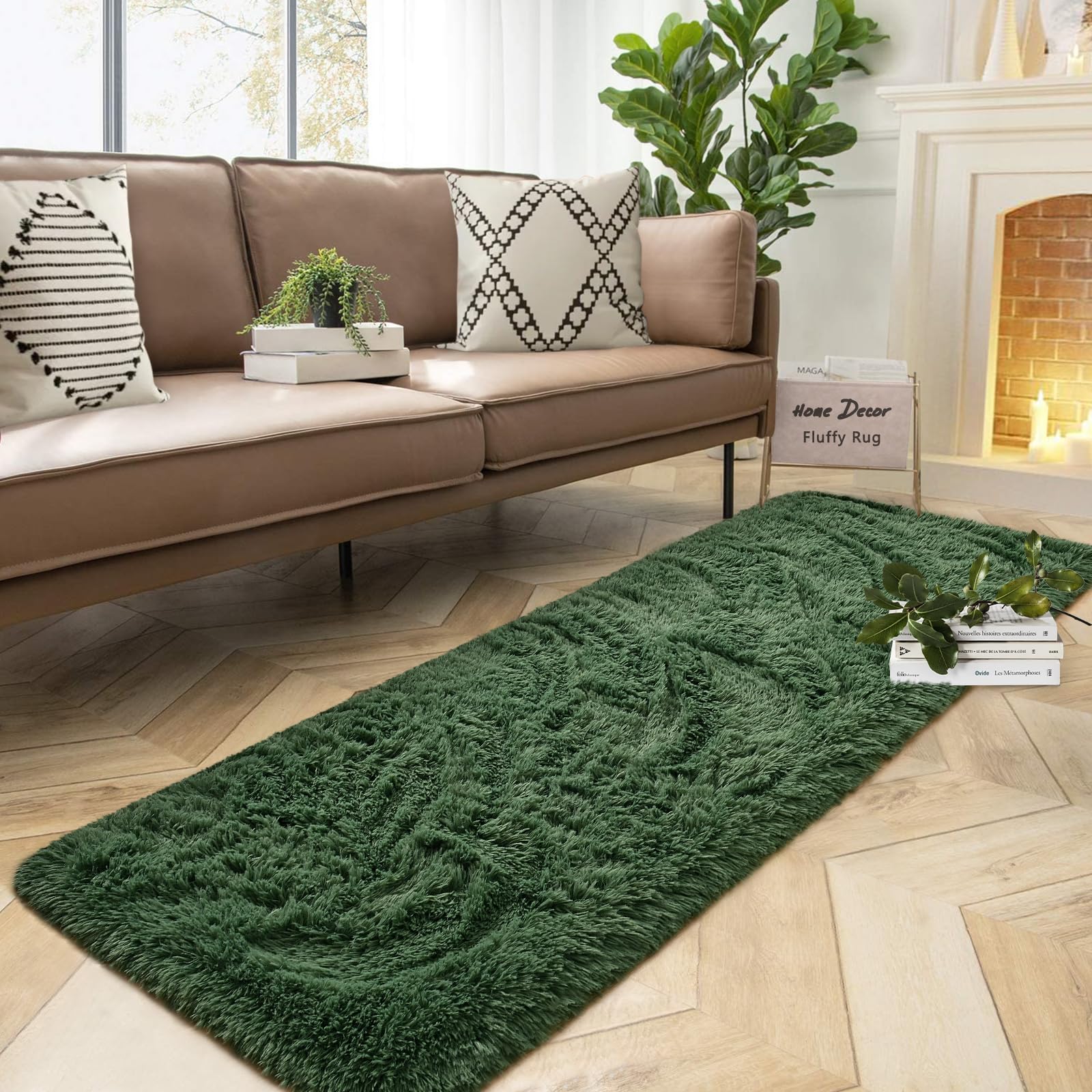 DweIke Soft Bedside Rug for Bedroom, 2x6 ft Plush Fluffy Carpets, Deep-Green Living Room Rugs for Girls Kids Room Nursery Home D
