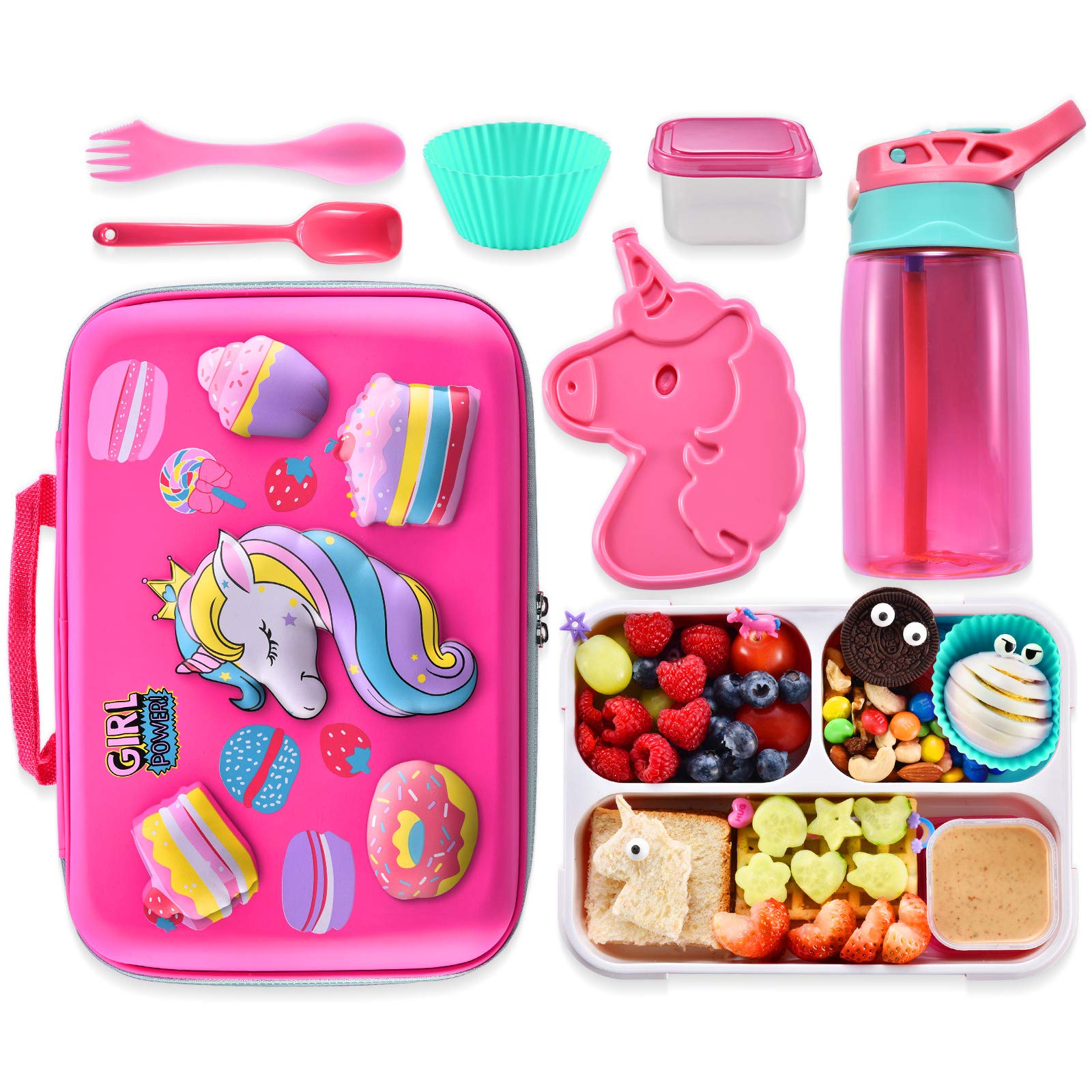 Coo&Koo Unicorn Insulated Lunch Box Set With 3 Compartment Ice Pack Water Bottle Silicon Cap Spoon Salad Container Kid'S School