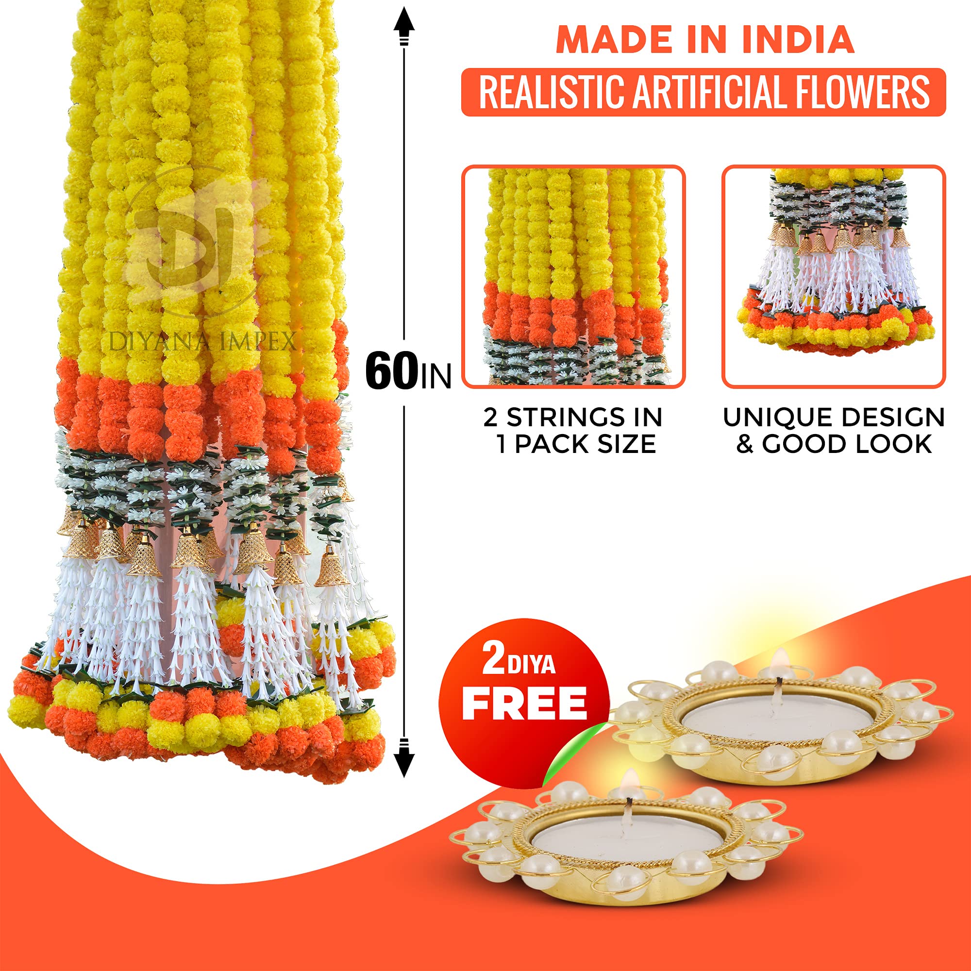 DIYANA IMPEX Marigold Garland for Decoration 5 Feet Long Artificial Marigold Flowers 2 Pc, Christmas Decorations Indian D  cor f