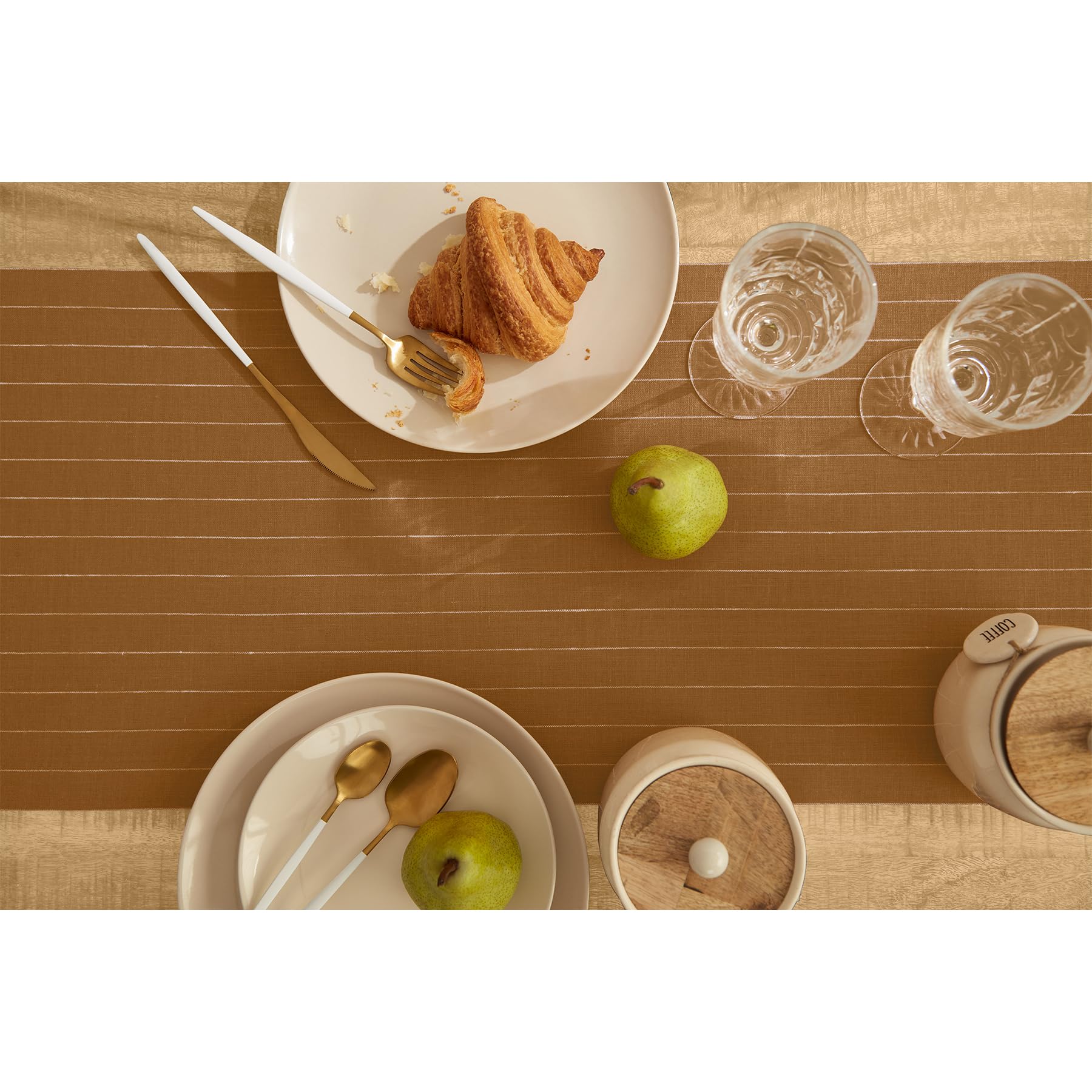 Solino Home Pinstripe Linen Camel And White Table Runner 120 Inches Long - 100% Pure Linen Dining Table Runner 14 X 120 Inch Ide