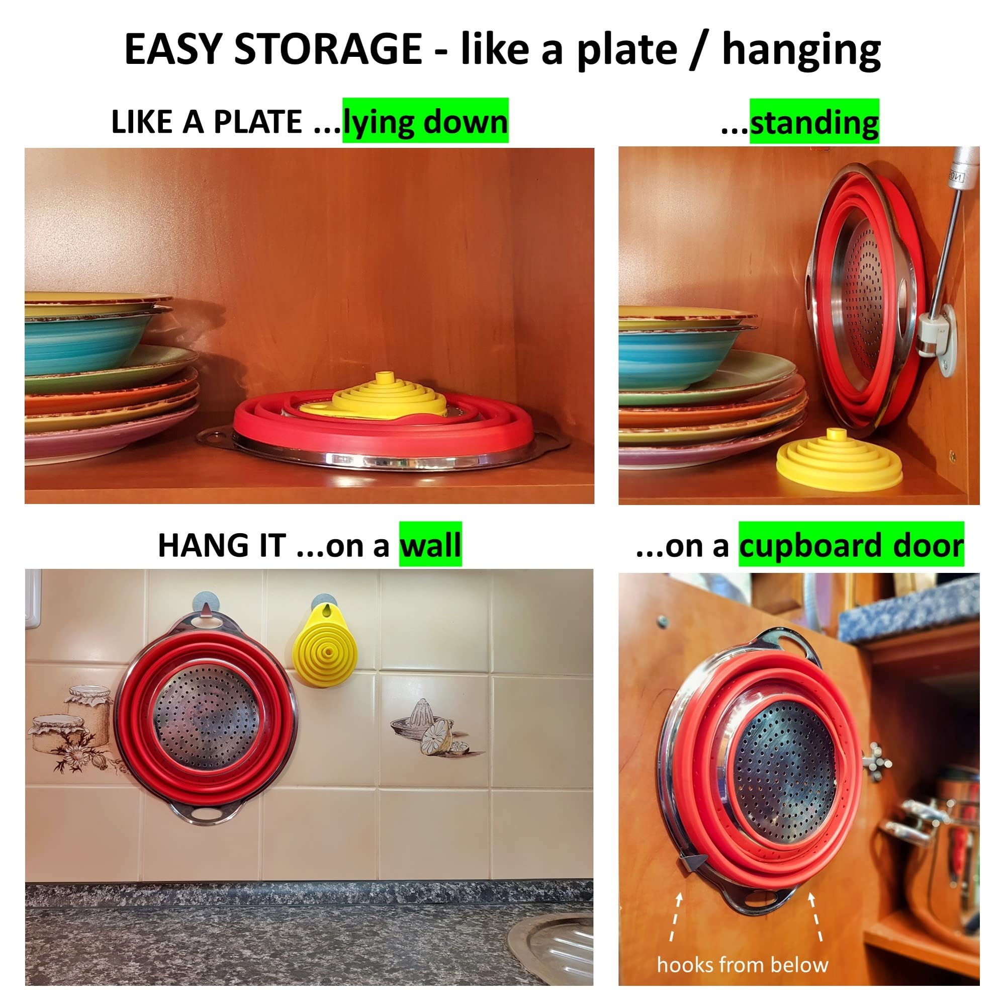 Collapsible Colander And Funnel - Stainless Steel Meets Red Silicone. Rv Accessories For Inside, Camper Organization And Storage