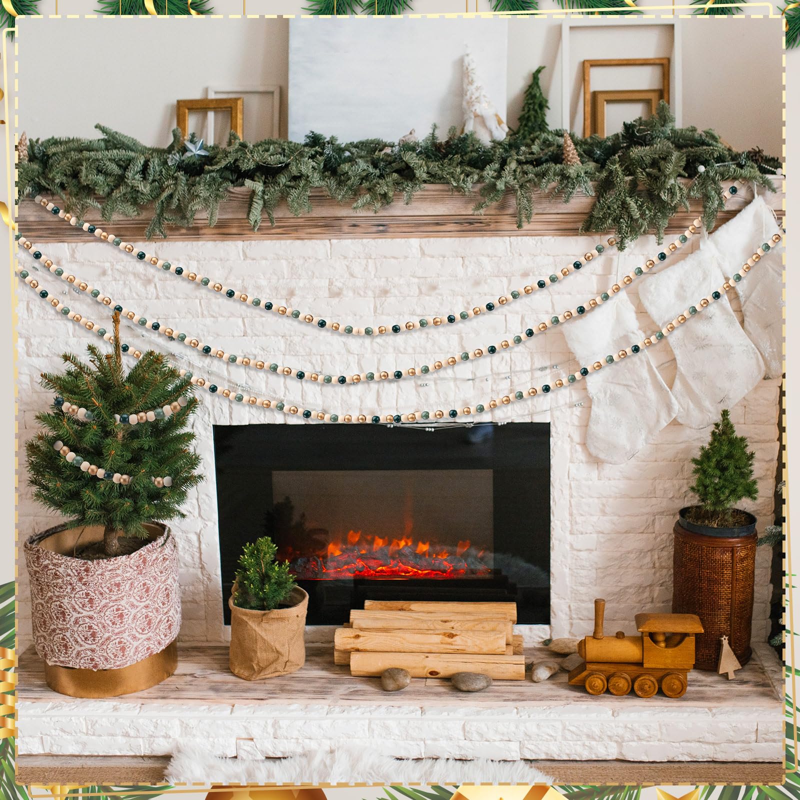 WILLBOND 16 Feet Christmas Wood Bead Garland Wooden Bead Garland for Christmas Tree Holiday Decoration (Sage Green)