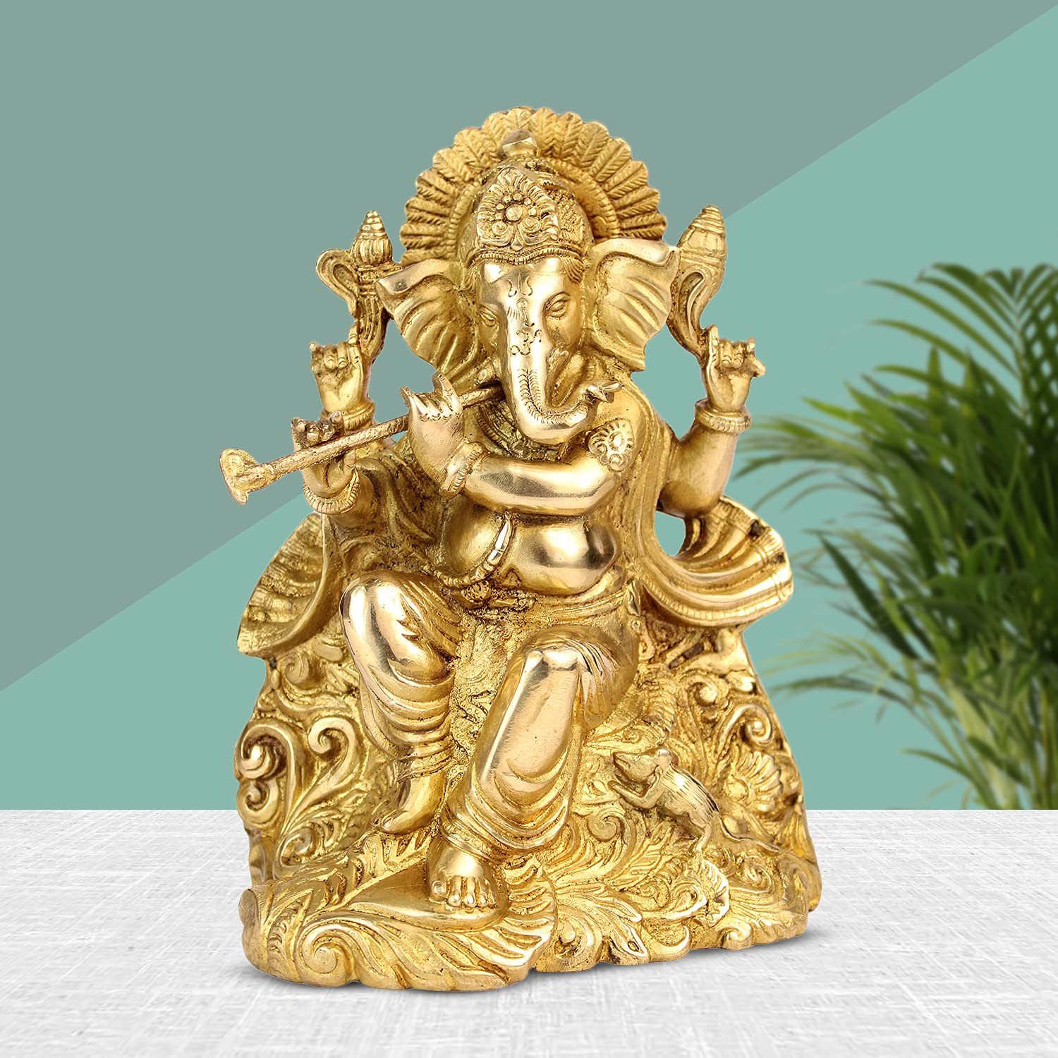 Artvarko Brass Ganesha Bhagwan Playing Flute Sitting Ganesh Statue Moorti For Temple Puja Home Office Marriage Gift Size 8