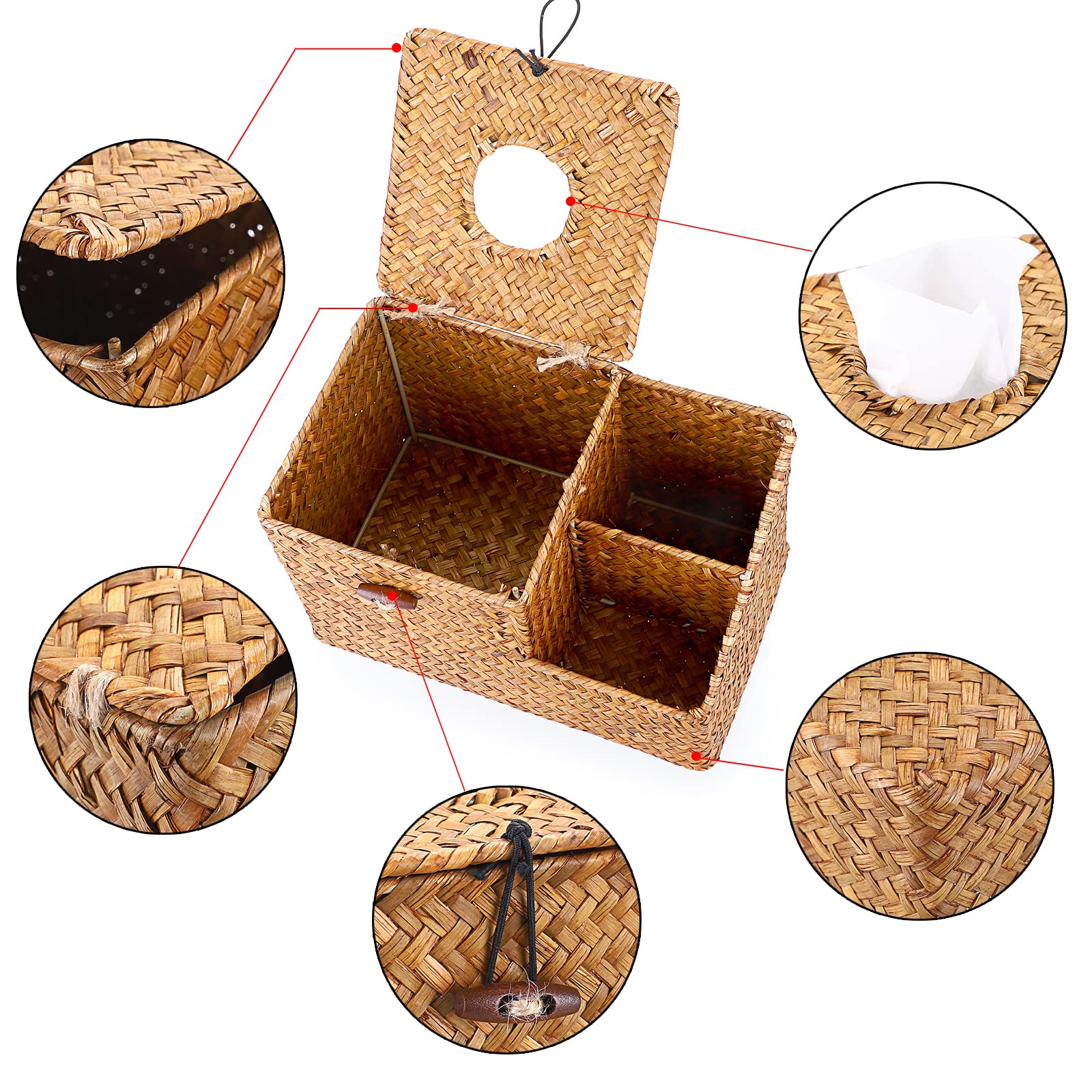 Sumnacon Square Woven Tissue Box Cover - Decorative Cube Tissue Box Holder With Side Organizer, Rustic Seagrass Tissue Box For L