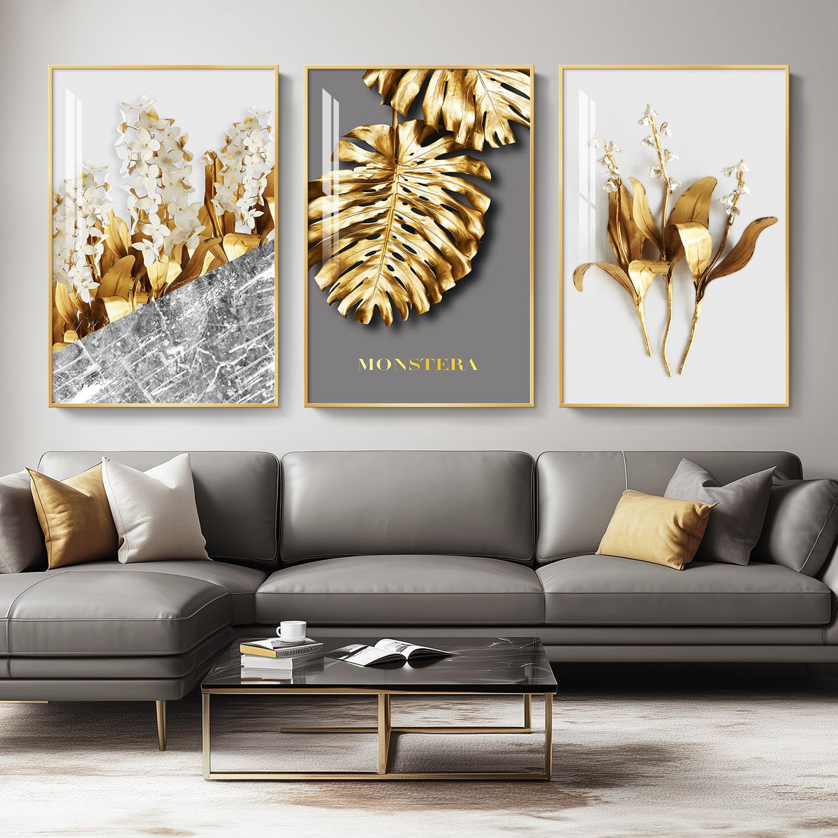 Framed Modern Luxury Large Gold Wall Art For Living Room, Set Of 3 Piece Contemporary Paintings Artwork For Walls, Big Size Prin
