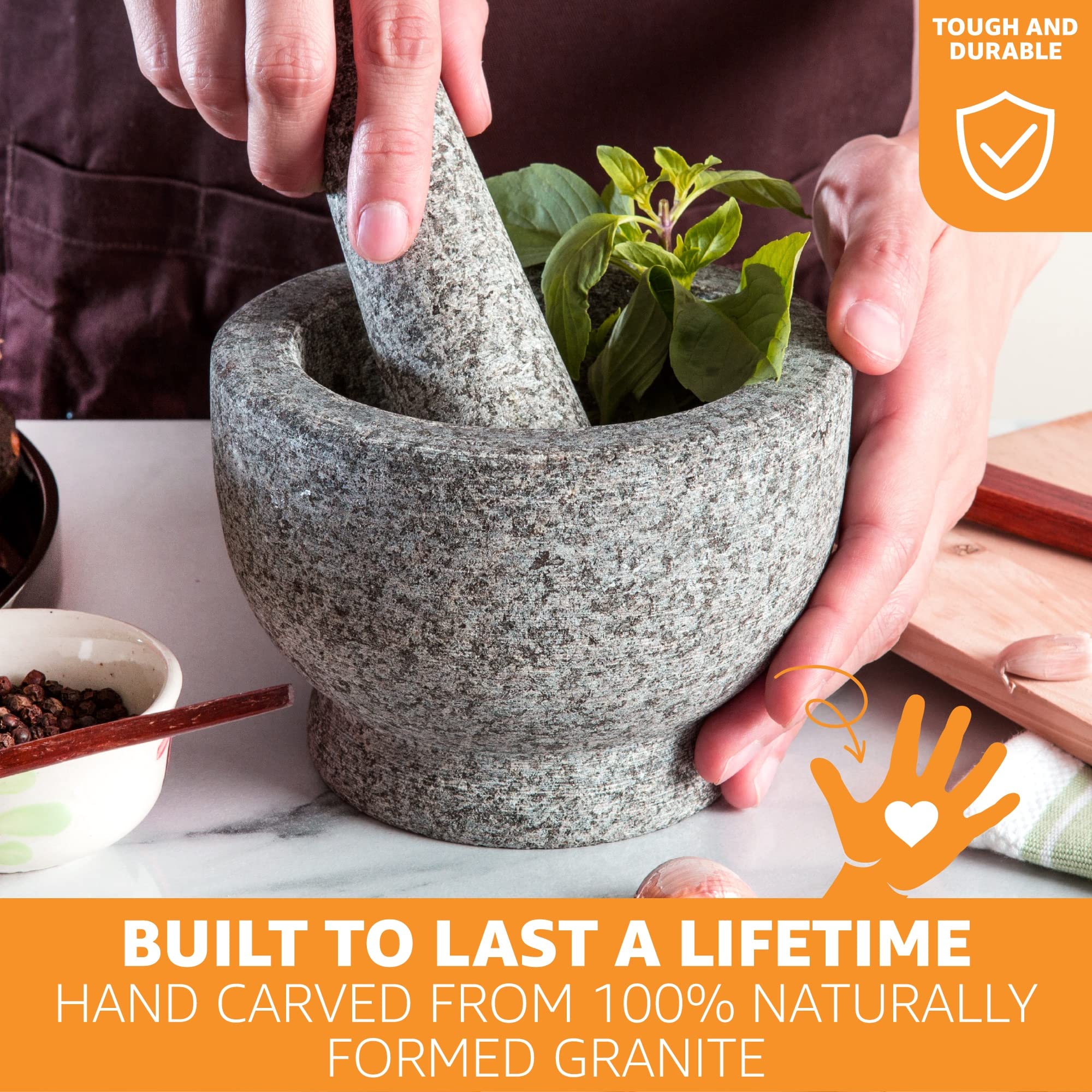 Heavy Duty Natural Granite Small Mortar And Pestle Set, Hand Carved, Make Fresh Guacamole At Home, Solid Stone Grinder Bowl, Her