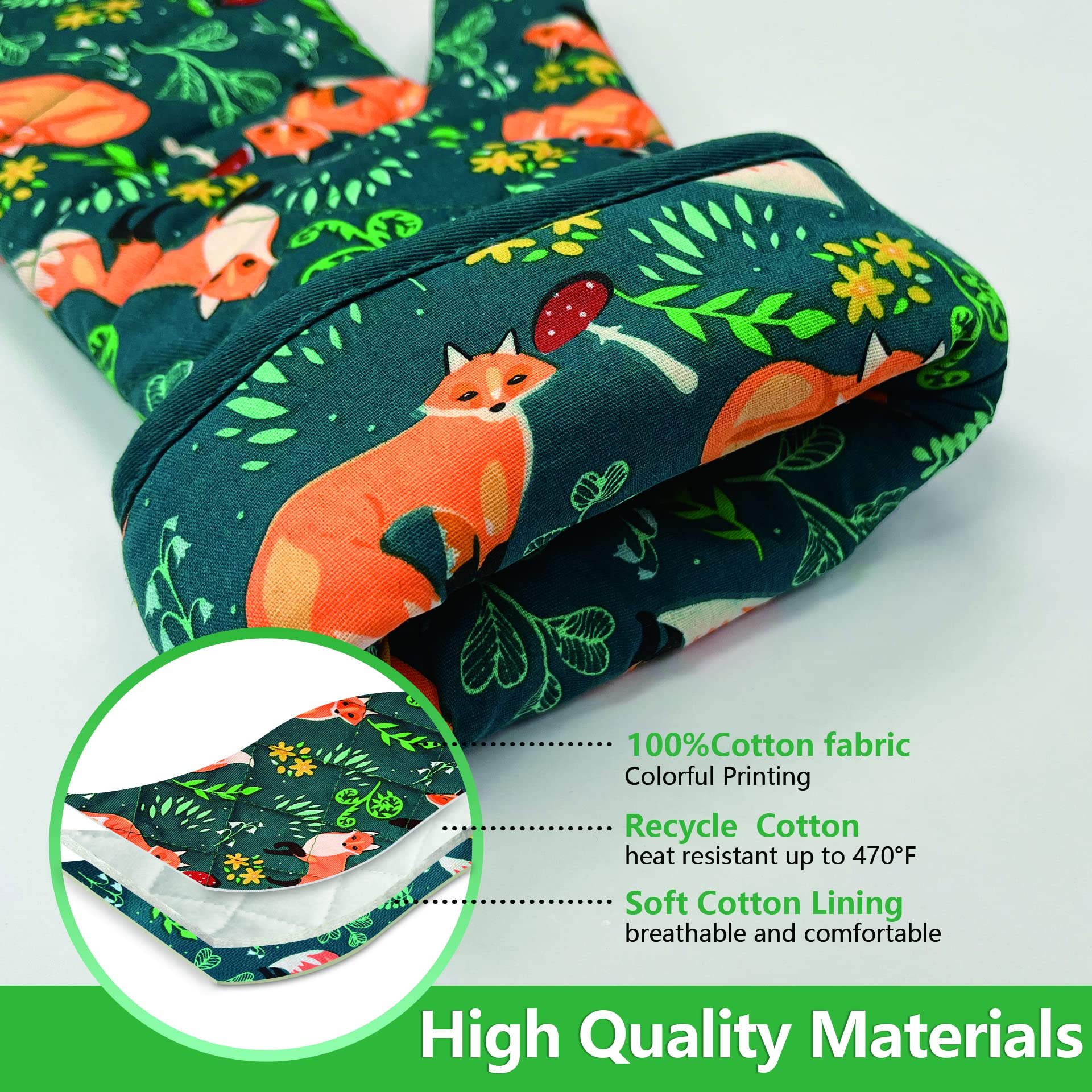 Heat Resistant Kitchen Oven Mitts with Non-Slip Silicone Printed  Set of 2 Oven Gloves for BBQ Cooking Baking  Grilling  Barbecue Microwave  Machine Washable (Fox  Oven Mitts)