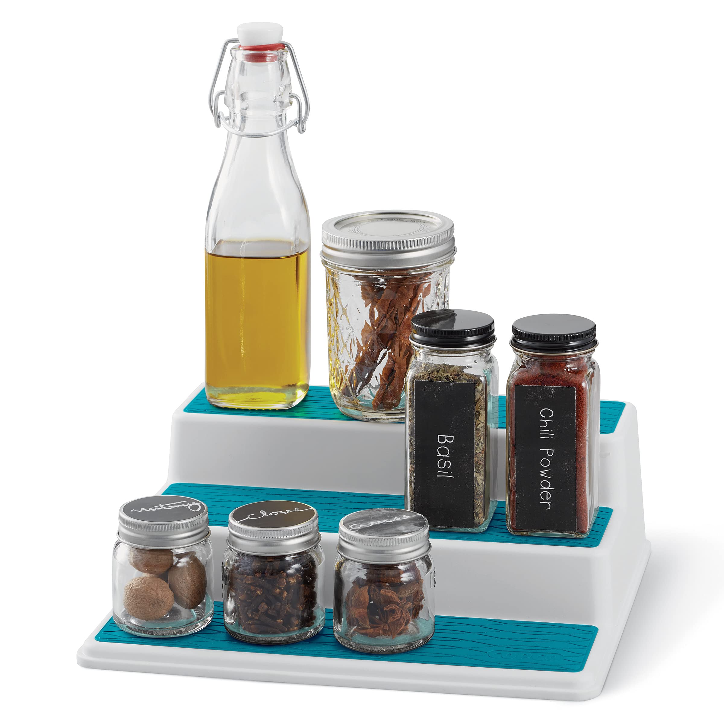 Copco 3-Tier Spice Organizer - 10-Inch Plastic Cabinet Shelf, Pagoda Blue, Model 5285507
