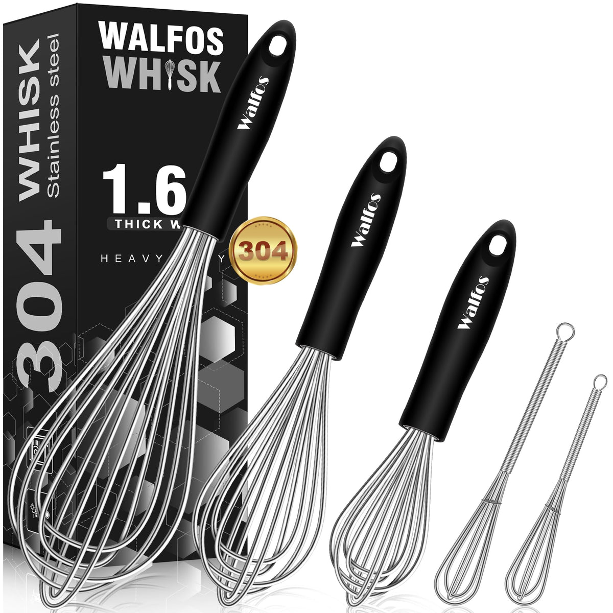Stainless Steel Whisk Set With 7''+5'' Mini Whisks, Walfos Heavy Duty Whisks, Kitchen Wisk (7+9+11In) Premium For Whisking, Blen