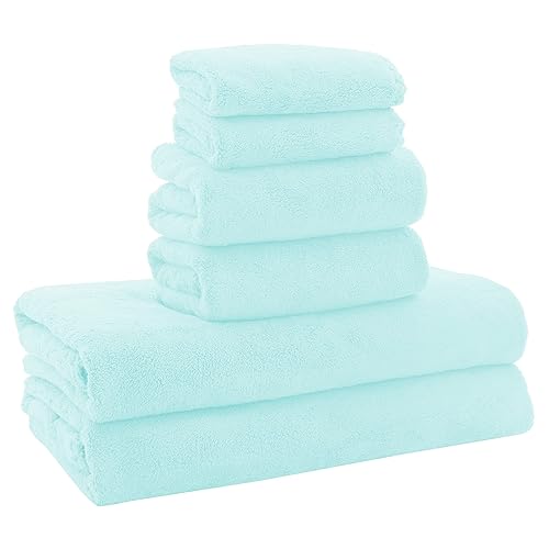 MOONQUEEN Ultra Soft Towel Set-Quick Drying-2 Bath Towels 2 Hand Towels 2 Washcloths - Microfiber Coral Velvet Highly Absorbent Towel for Bath Fitness  Bathroom Sports Yoga  Travel(Frozen Blue  6 Pcs)