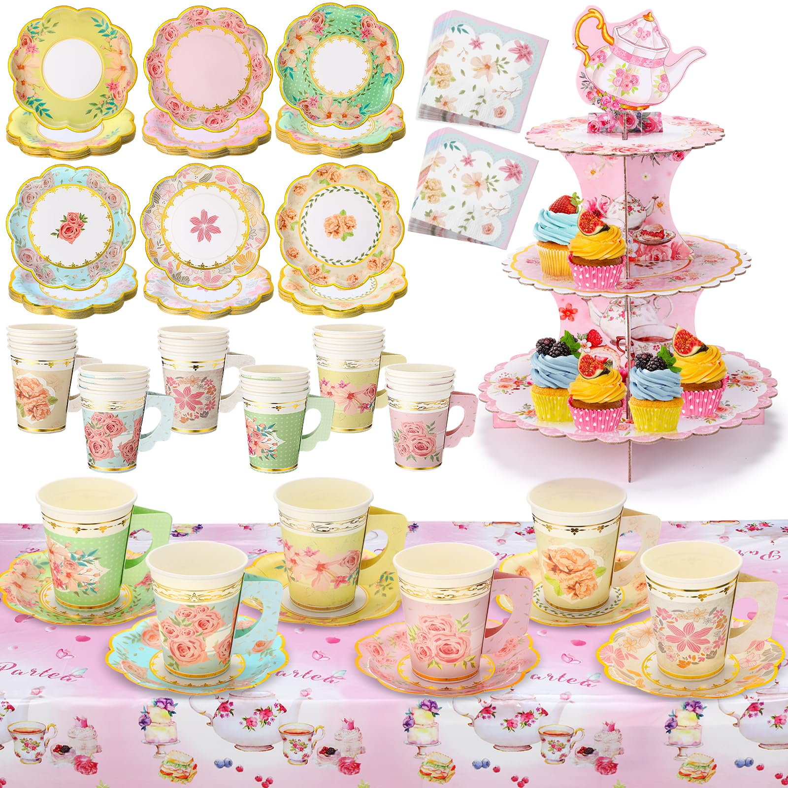 Yungyan 110 Pcs 36 Guests Tea Birthday Party Supplies Disposable Tableware Set Include 6 Paper Plates 9 oz Cups with Handle 3 Ti