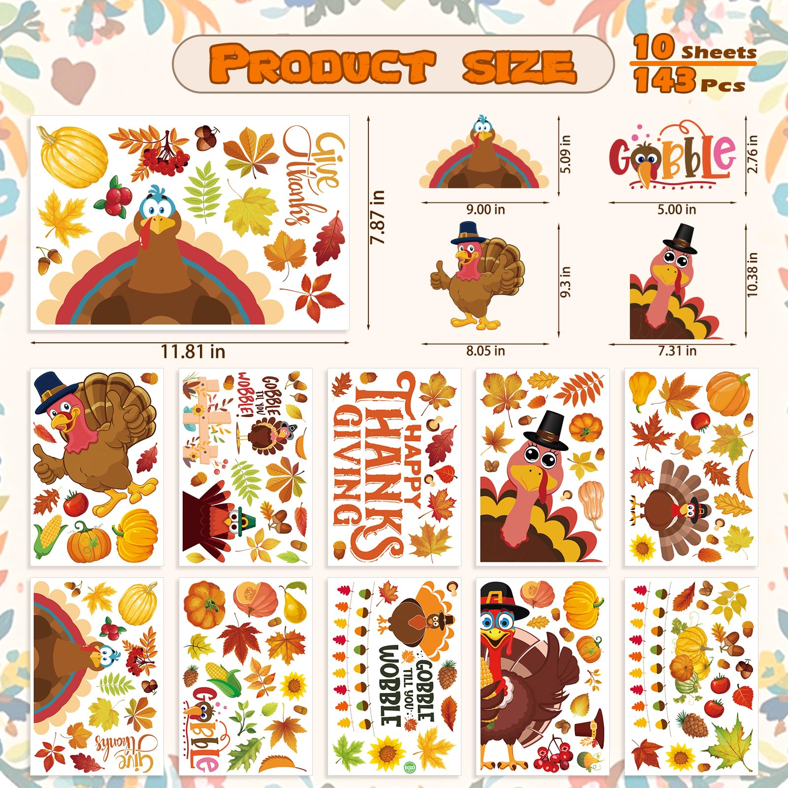 Thanksgiving Decorations - 10 Sheets 143 Pcs Thanksgiving Window Clings for Glass Window Fall Decorations Autumn Harvest Turkey